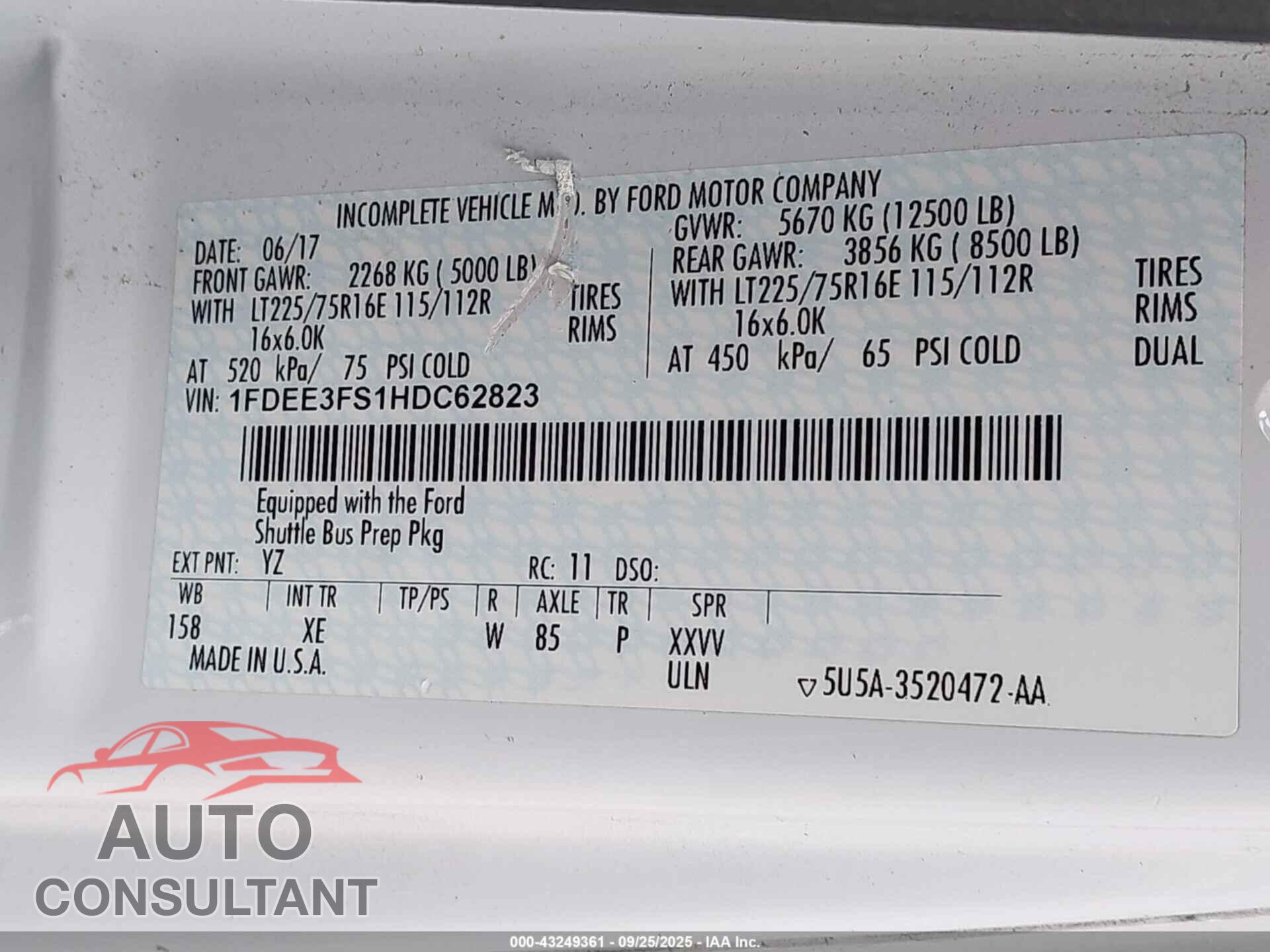 FORD E-350 CUTAWAY 2017 - 1FDEE3FS1HDC62823