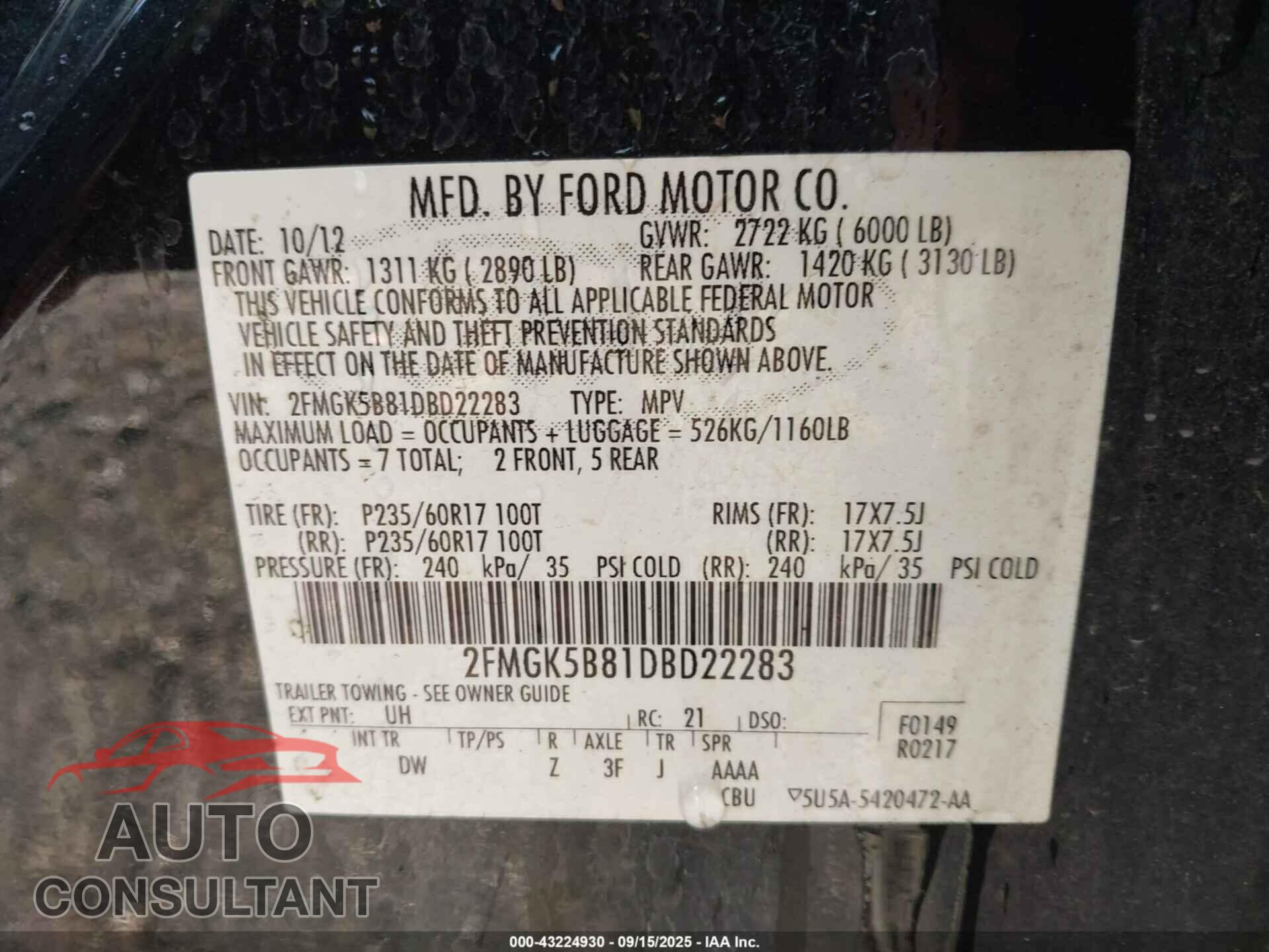 FORD FLEX 2013 - 2FMGK5B81DBD22283