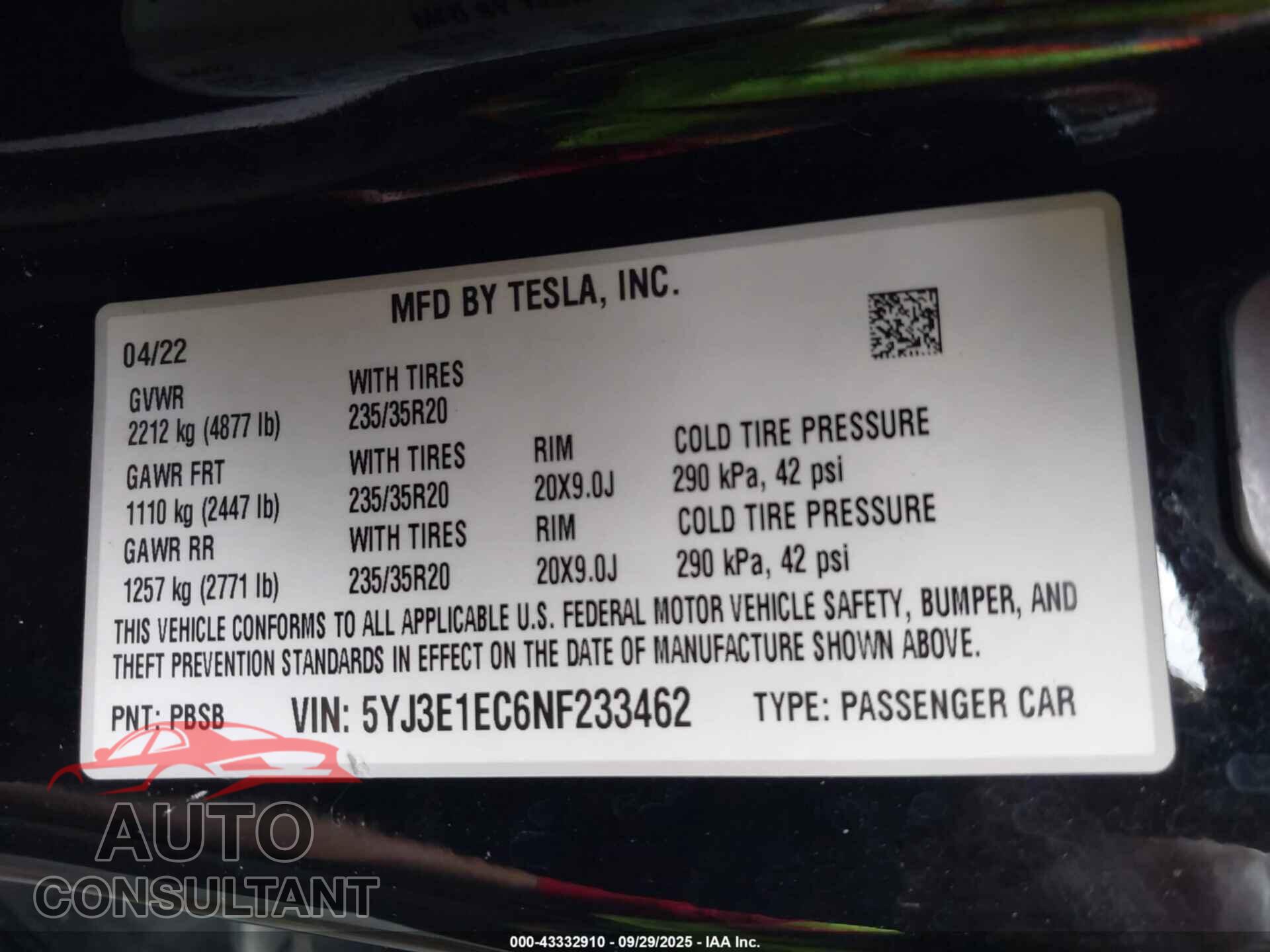 TESLA MODEL 3 2022 - 5YJ3E1EC6NF233462
