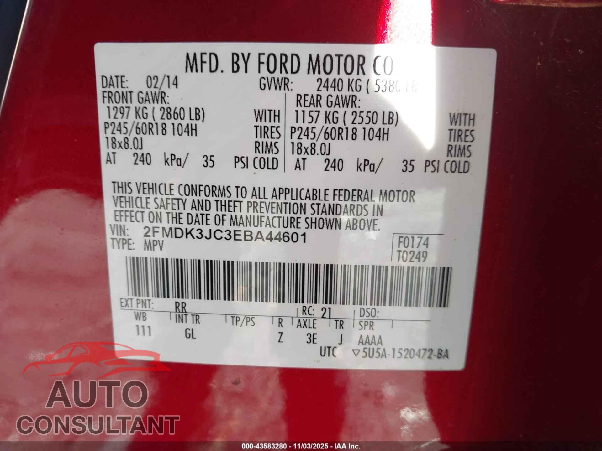 FORD EDGE 2014 - 2FMDK3JC3EBA44601