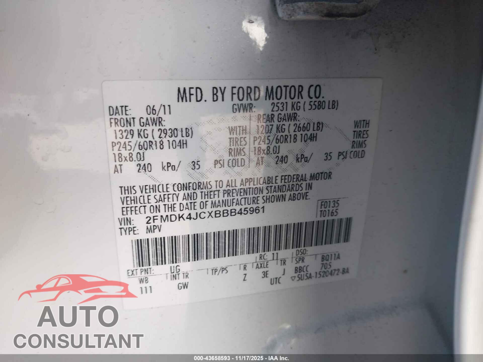 FORD EDGE 2011 - 2FMDK4JCXBBB45961