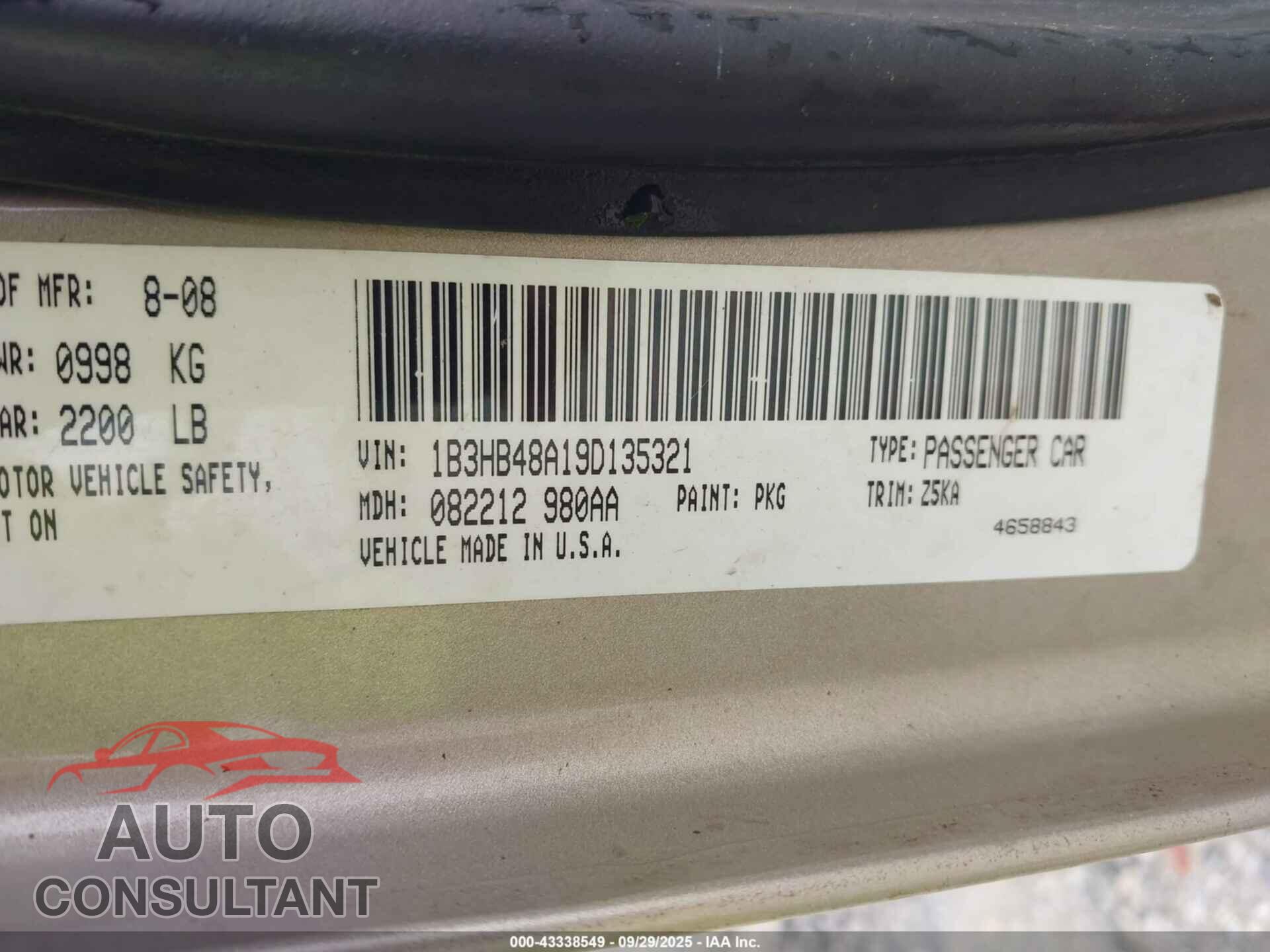 DODGE CALIBER 2009 - 1B3HB48A19D135321