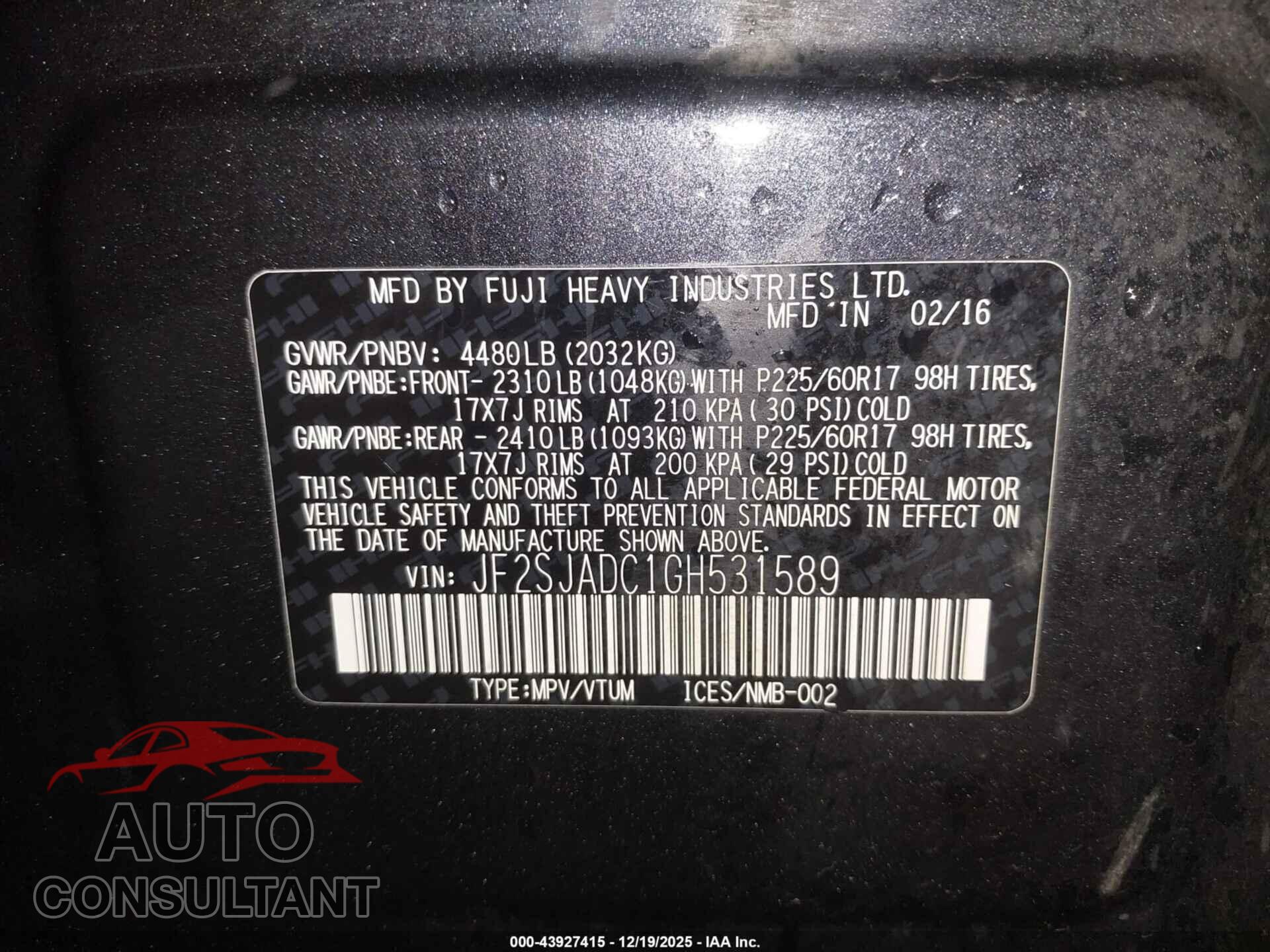 SUBARU FORESTER 2016 - JF2SJADC1GH531589