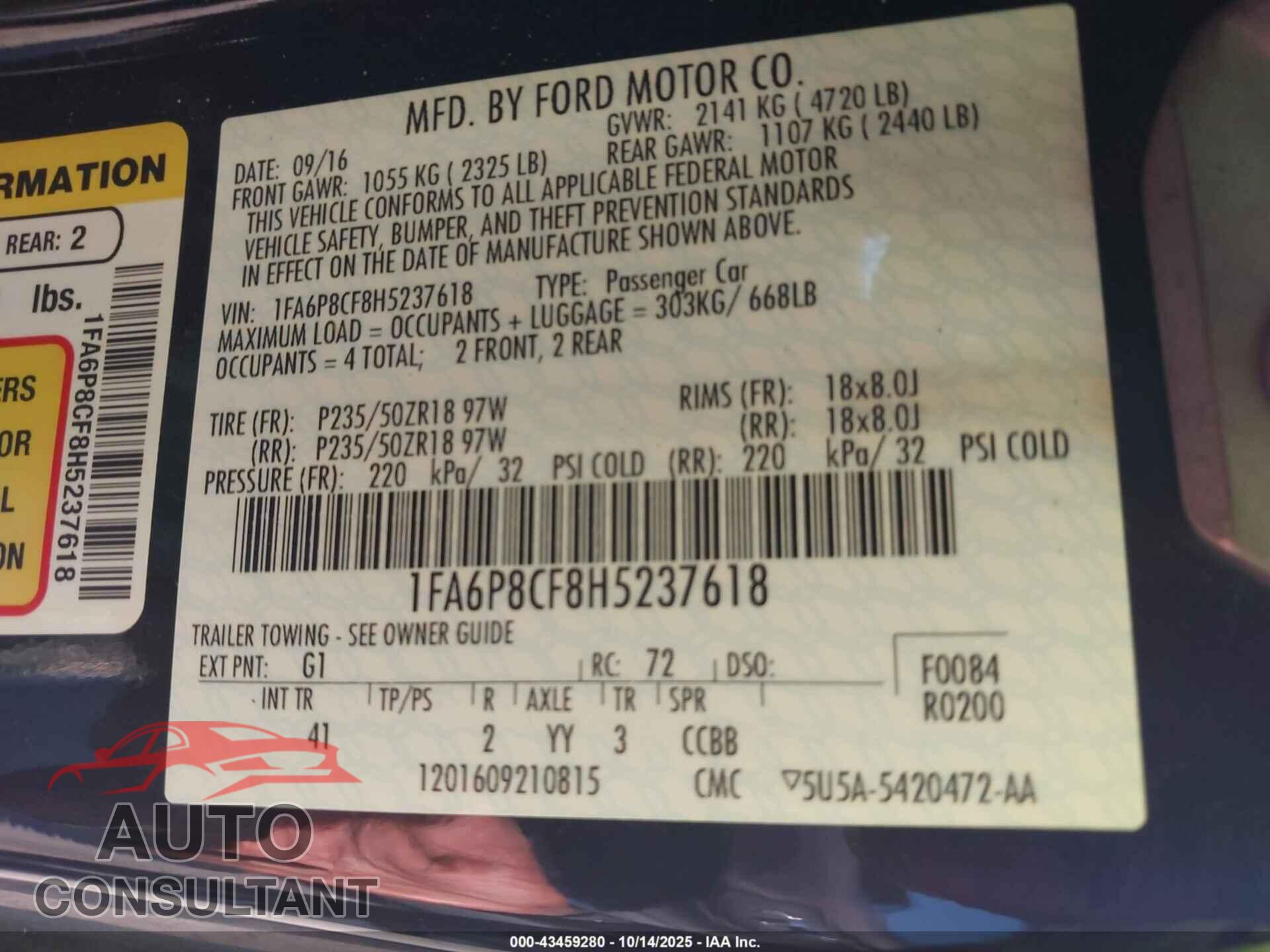 FORD MUSTANG 2017 - 1FA6P8CF8H5237618