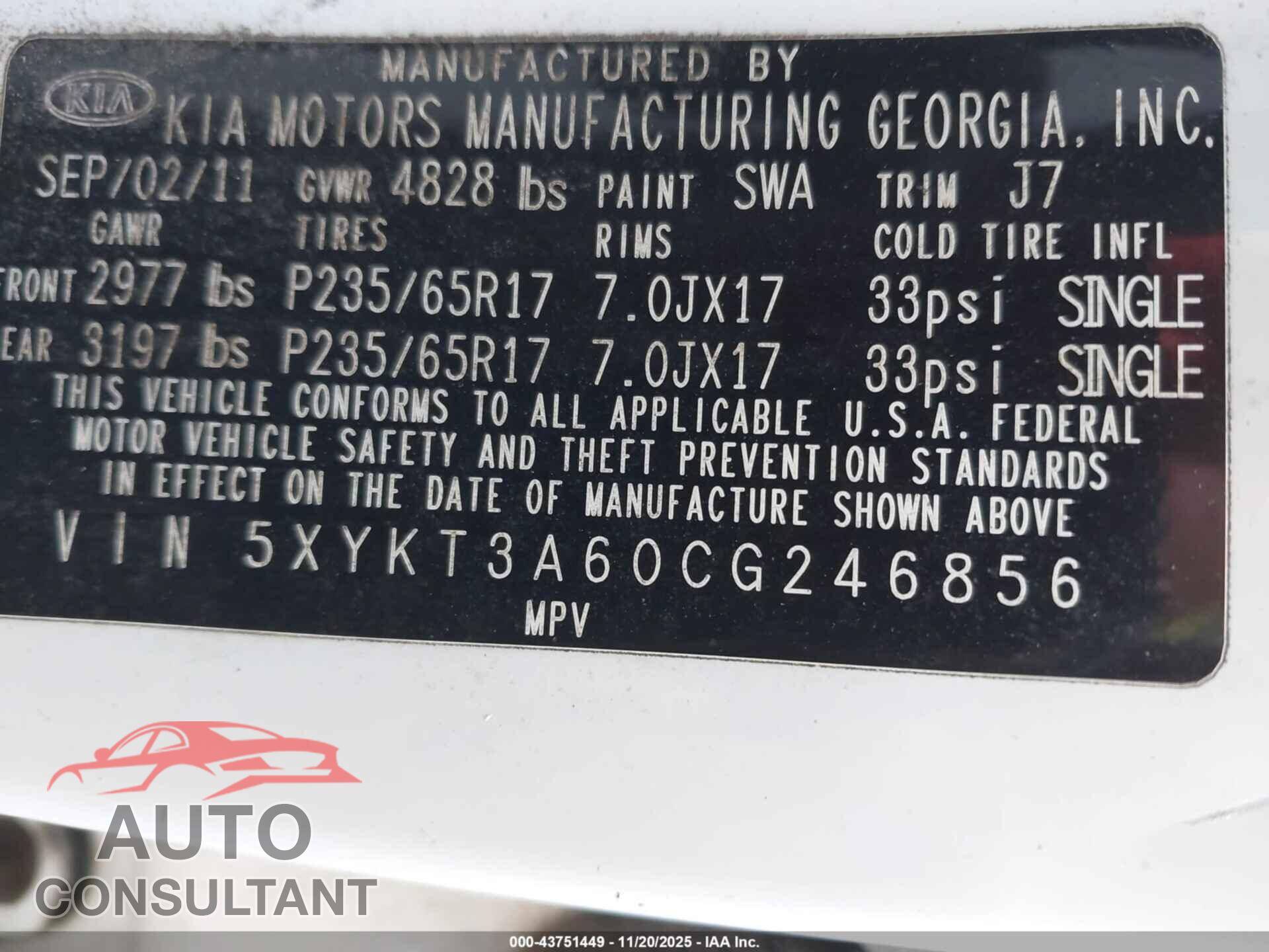 KIA SORENTO 2012 - 5XYKT3A60CG246856