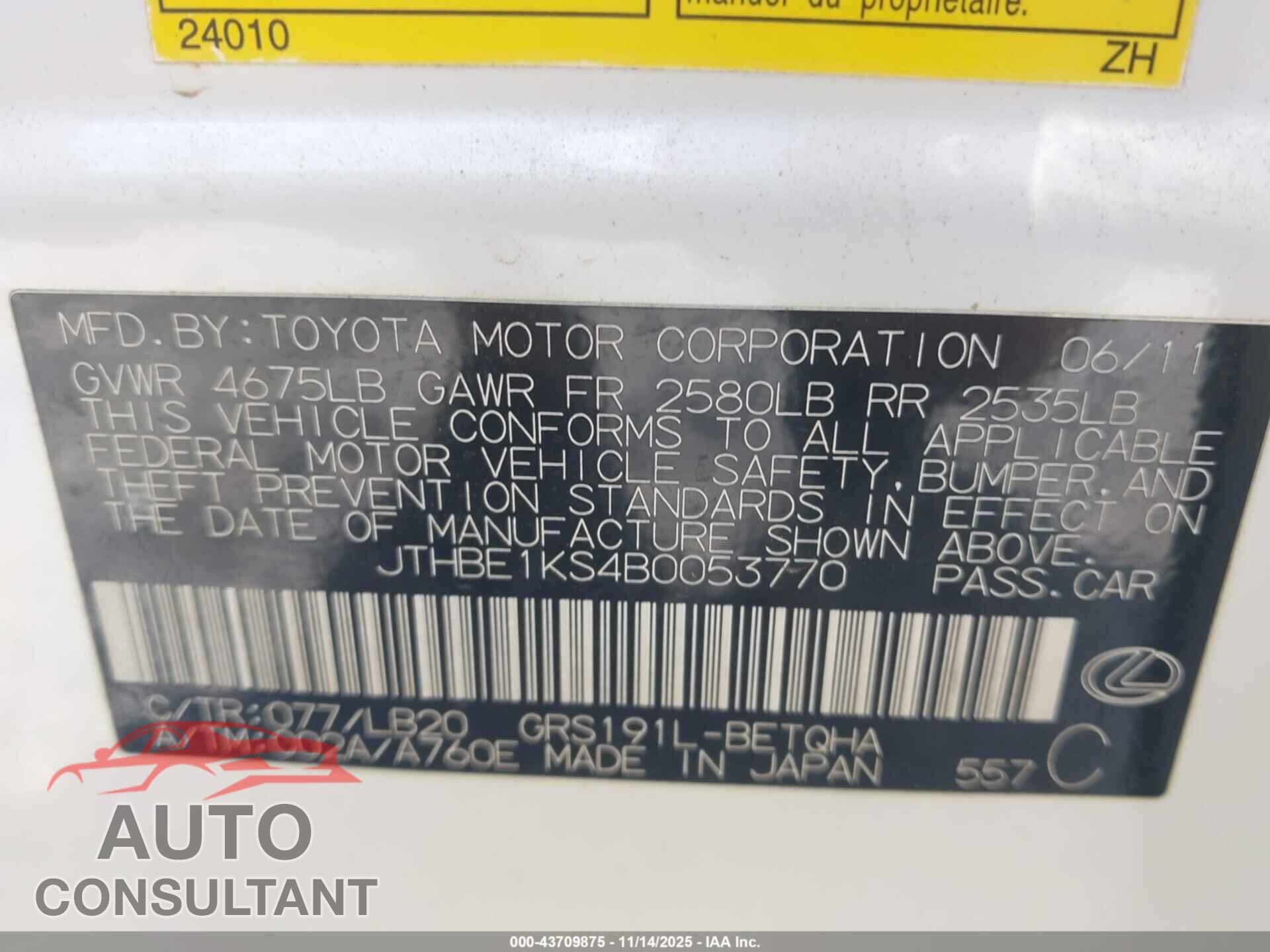 LEXUS GS 350 2011 - JTHBE1KS4B0053770