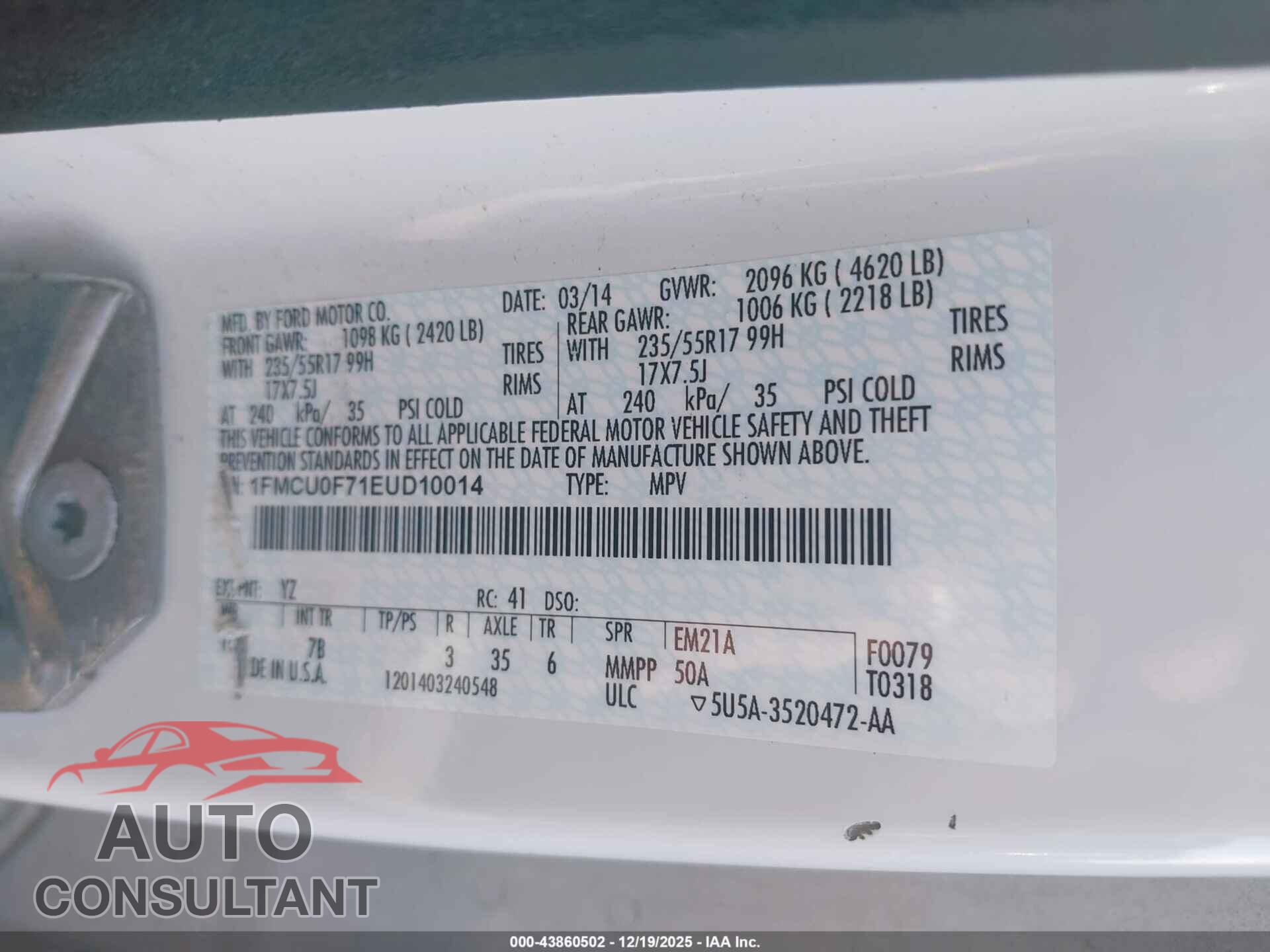 FORD ESCAPE 2014 - 1FMCU0F71EUD10014