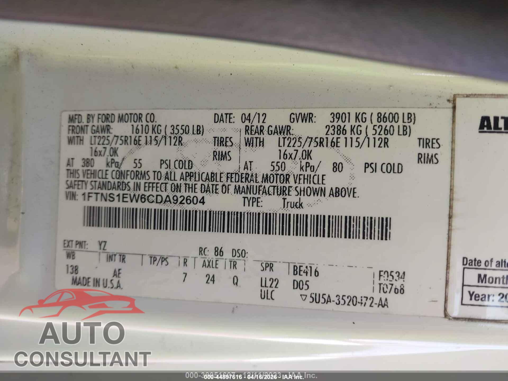 FORD E-150 2012 - 1FTNS1EW6CDA92604