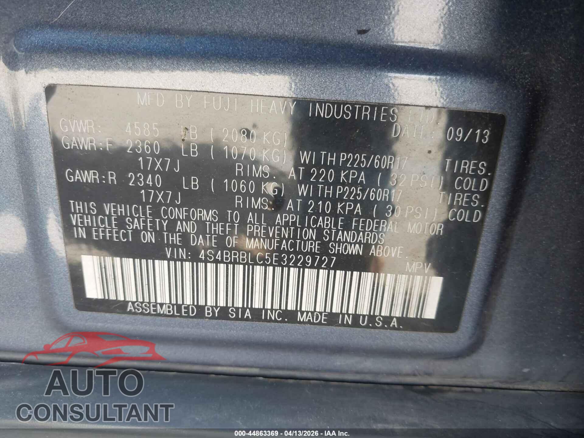 SUBARU OUTBACK 2014 - 4S4BRBLC5E3229727