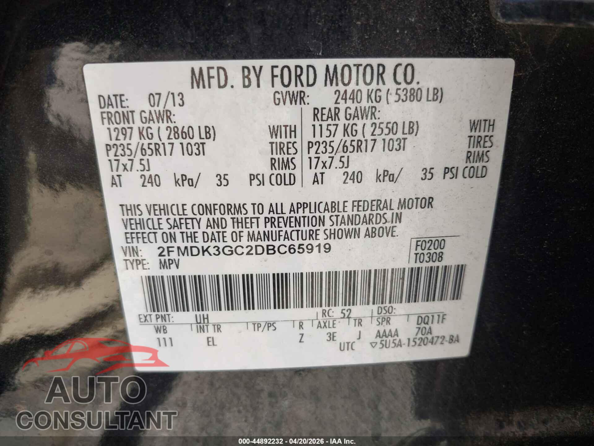 FORD EDGE 2013 - 2FMDK3GC2DBC65919