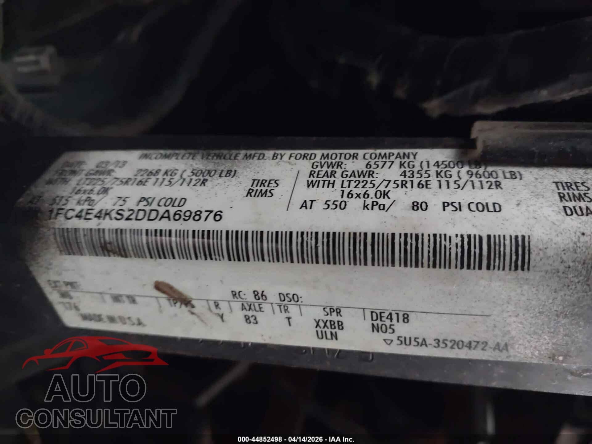 FORD E-450 STRIPPED 2013 - 1FC4E4KS2DDA69876