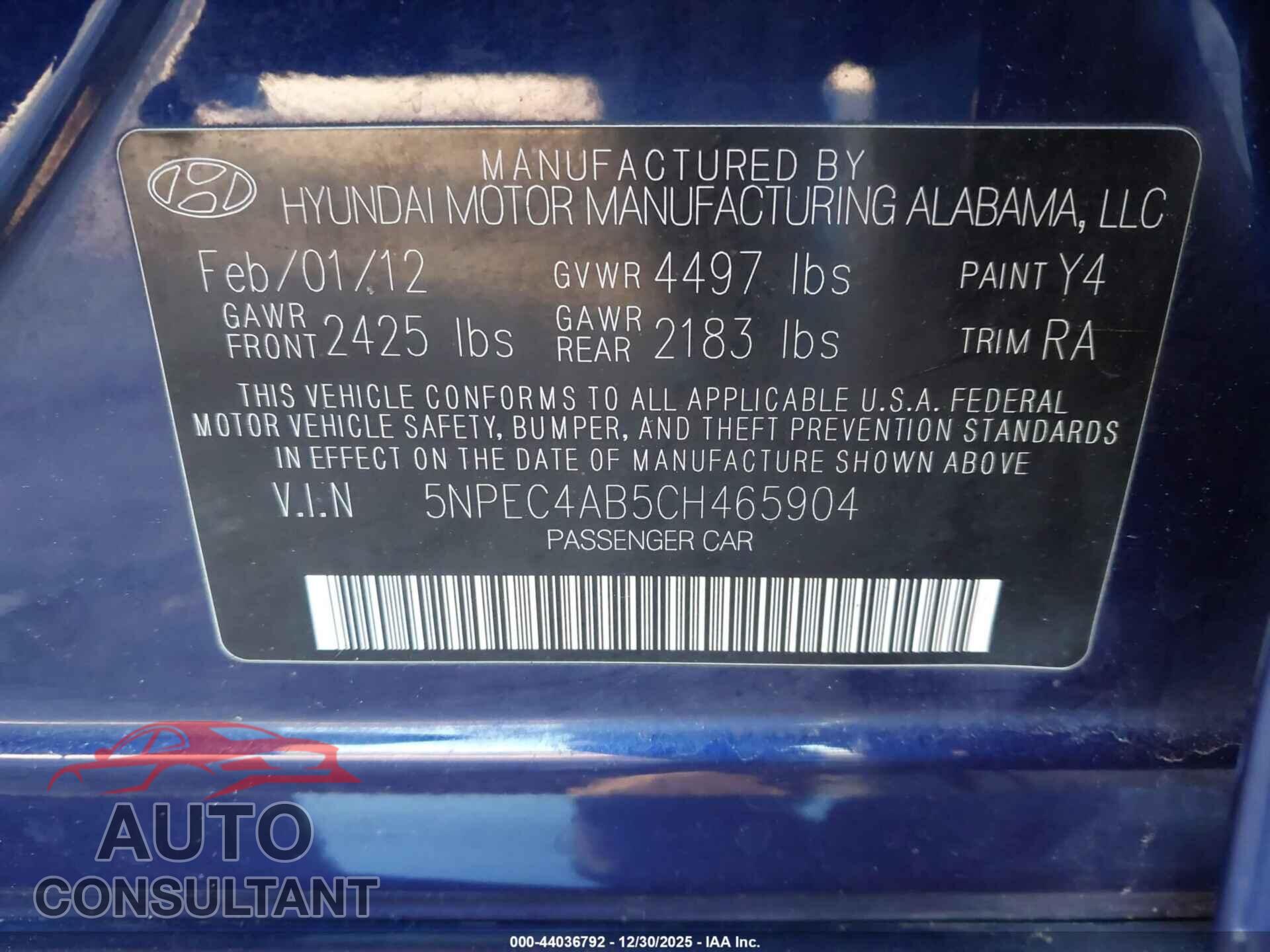 HYUNDAI SONATA 2012 - 5NPEC4AB5CH465904
