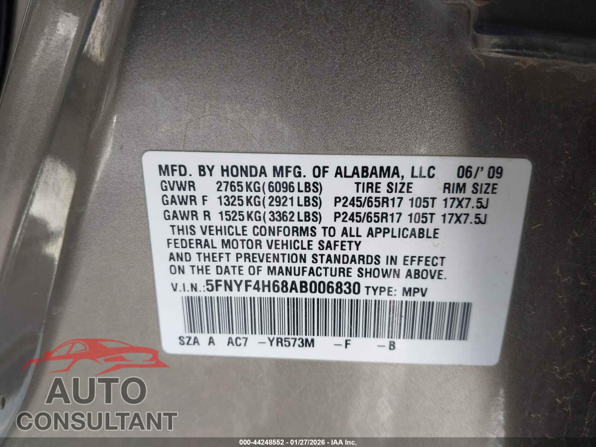 HONDA PILOT 2010 - 5FNYF4H68AB006830