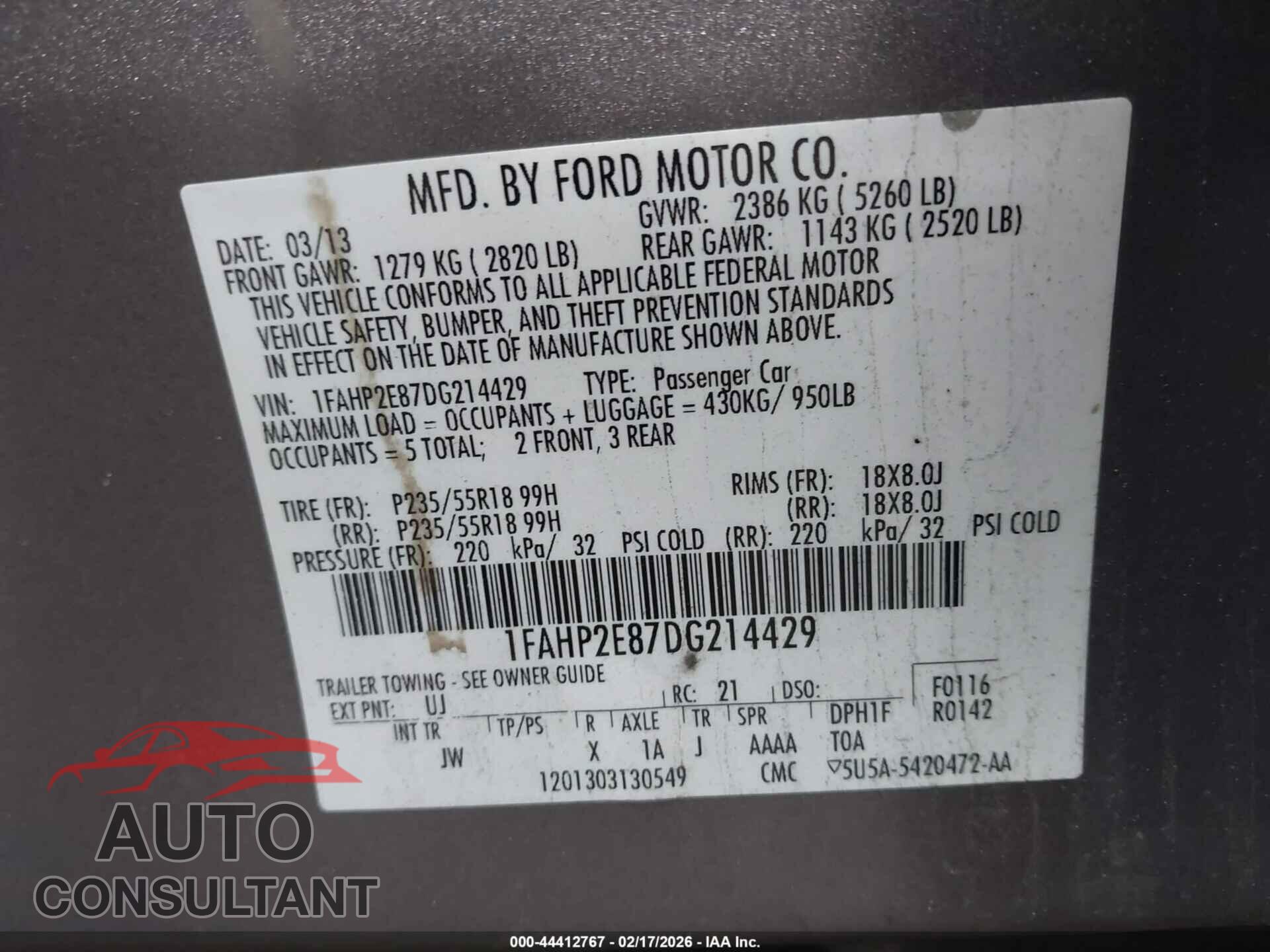 FORD TAURUS 2013 - 1FAHP2E87DG214429