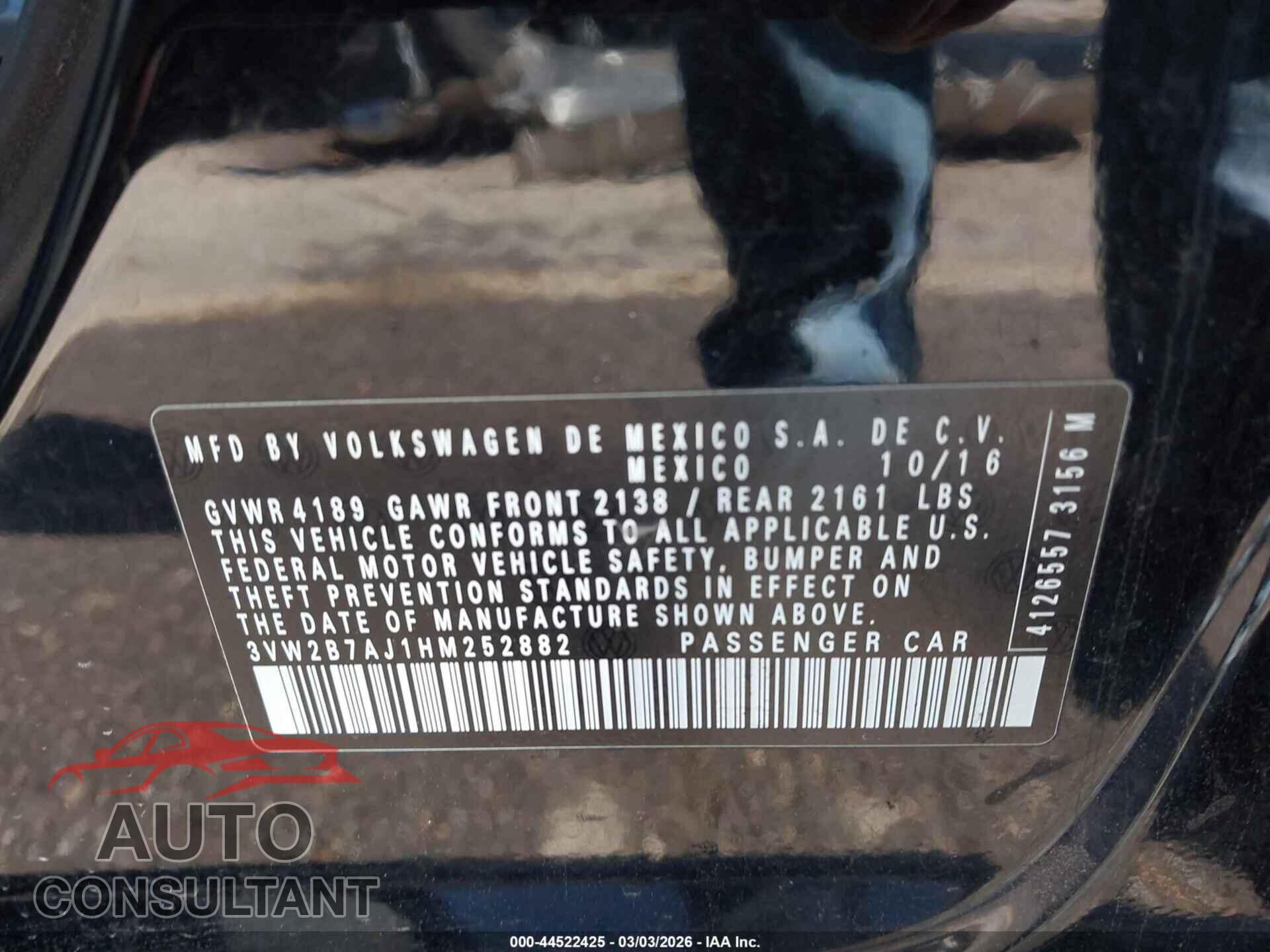 VOLKSWAGEN JETTA 2017 - 3VW2B7AJ1HM252882