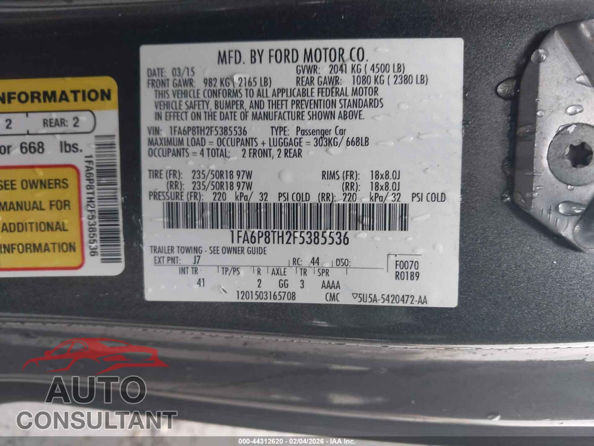 FORD MUSTANG 2015 - 1FA6P8TH2F5385536