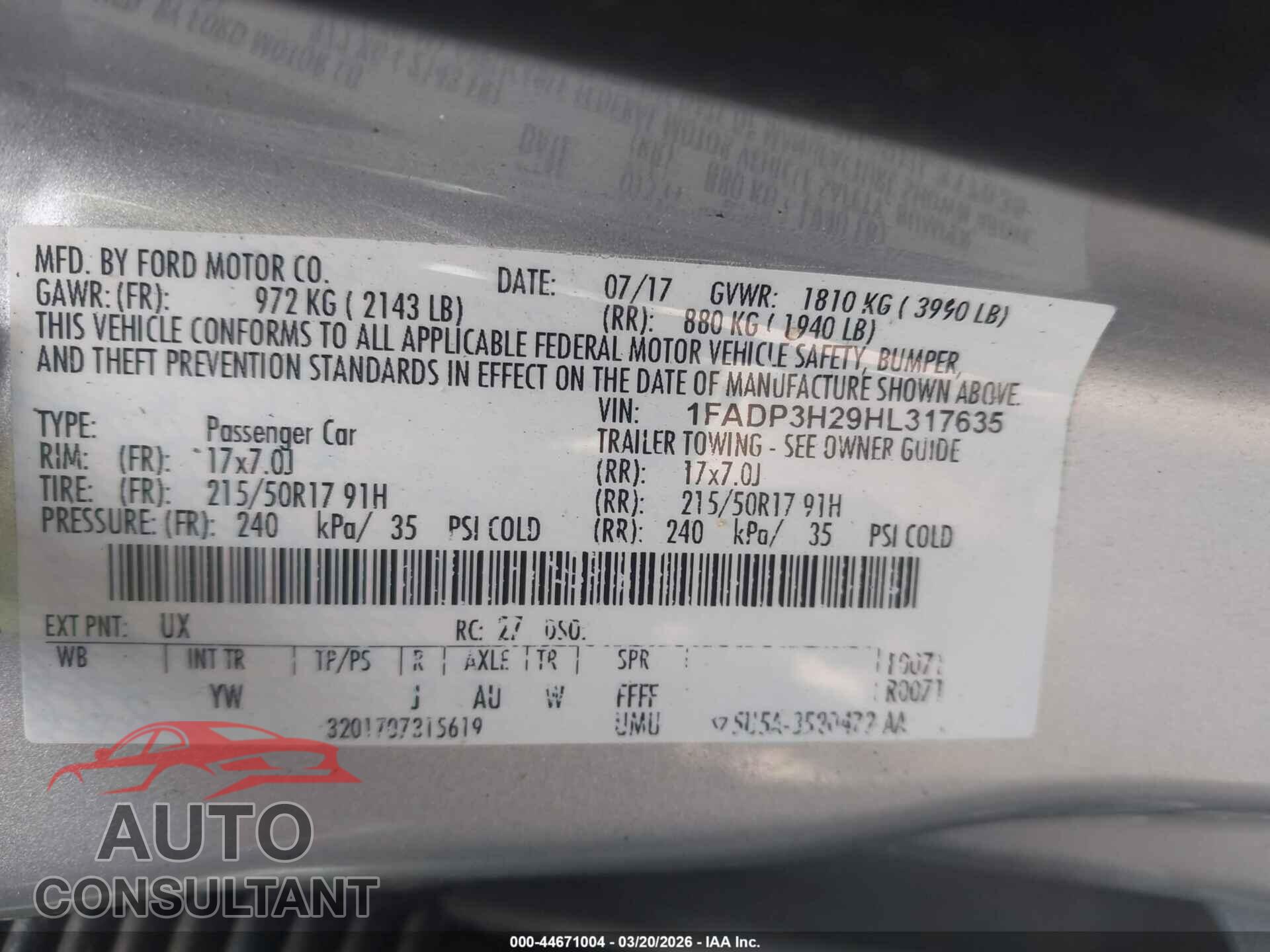FORD FOCUS 2017 - 1FADP3H29HL317635