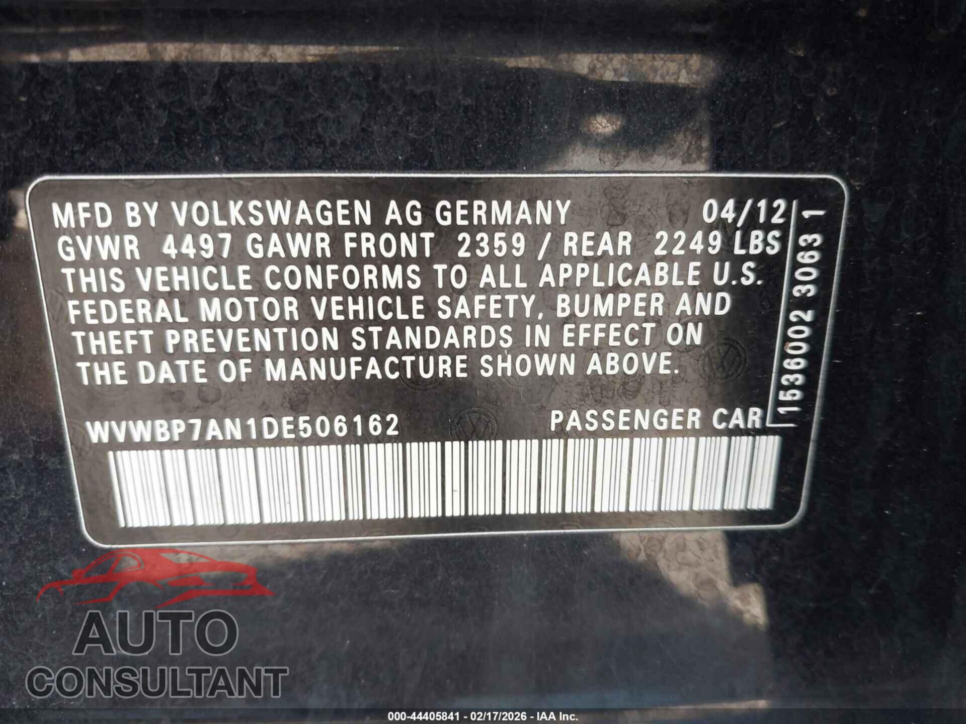 VOLKSWAGEN CC 2013 - WVWBP7AN1DE506162