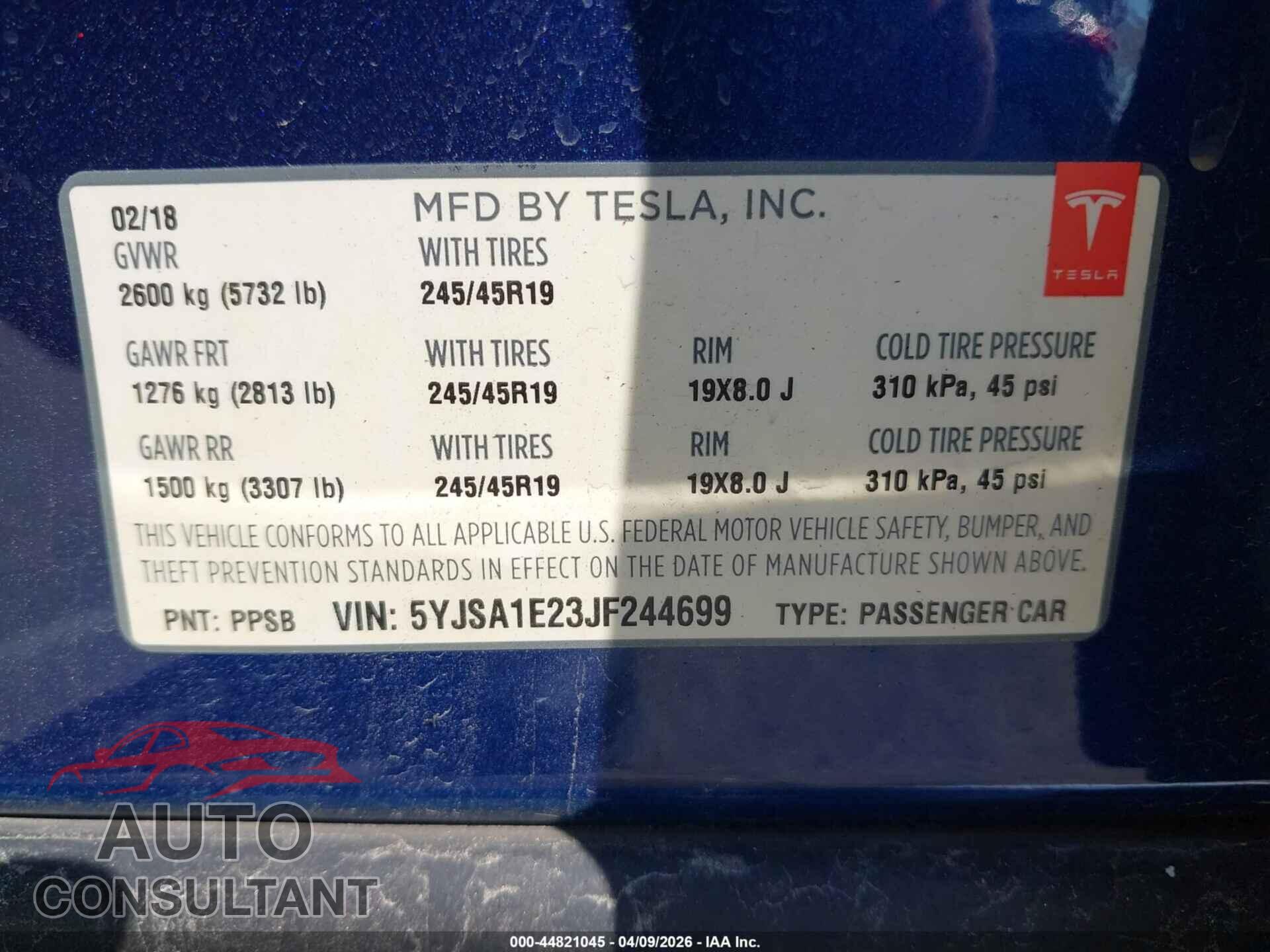 TESLA MODEL S 2018 - 5YJSA1E23JF244699
