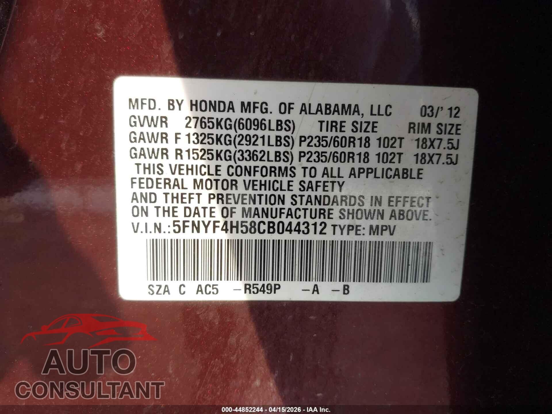 HONDA PILOT 2012 - 5FNYF4H58CB044312