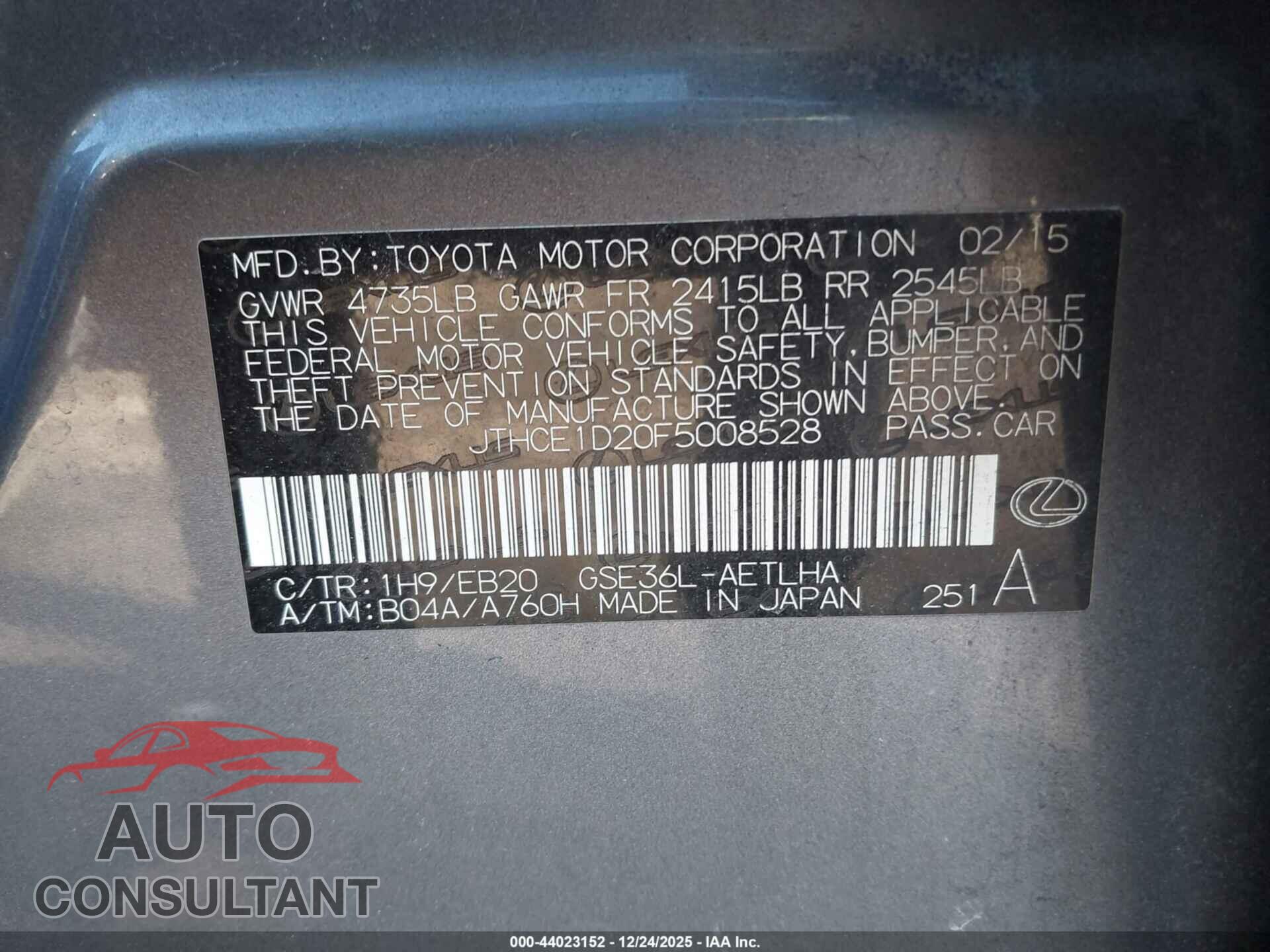 LEXUS IS 350 2015 - JTHCE1D20F5008528