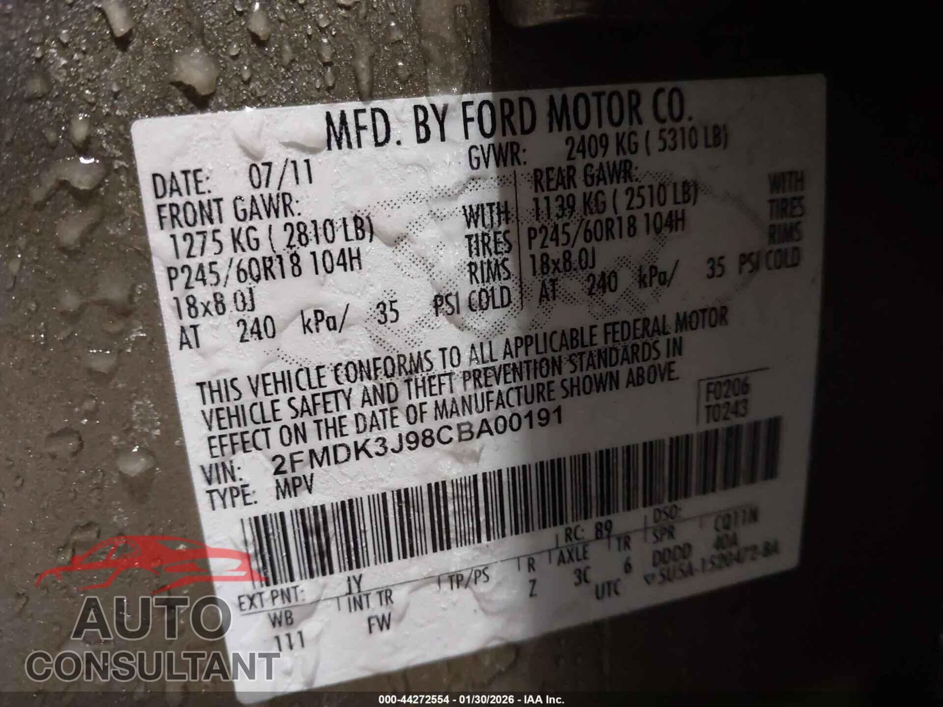 FORD EDGE 2012 - 2FMDK3J98CBA00191