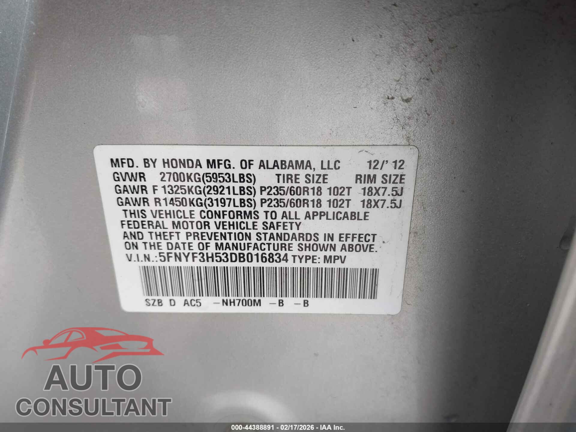 HONDA PILOT 2013 - 5FNYF3H53DB016834