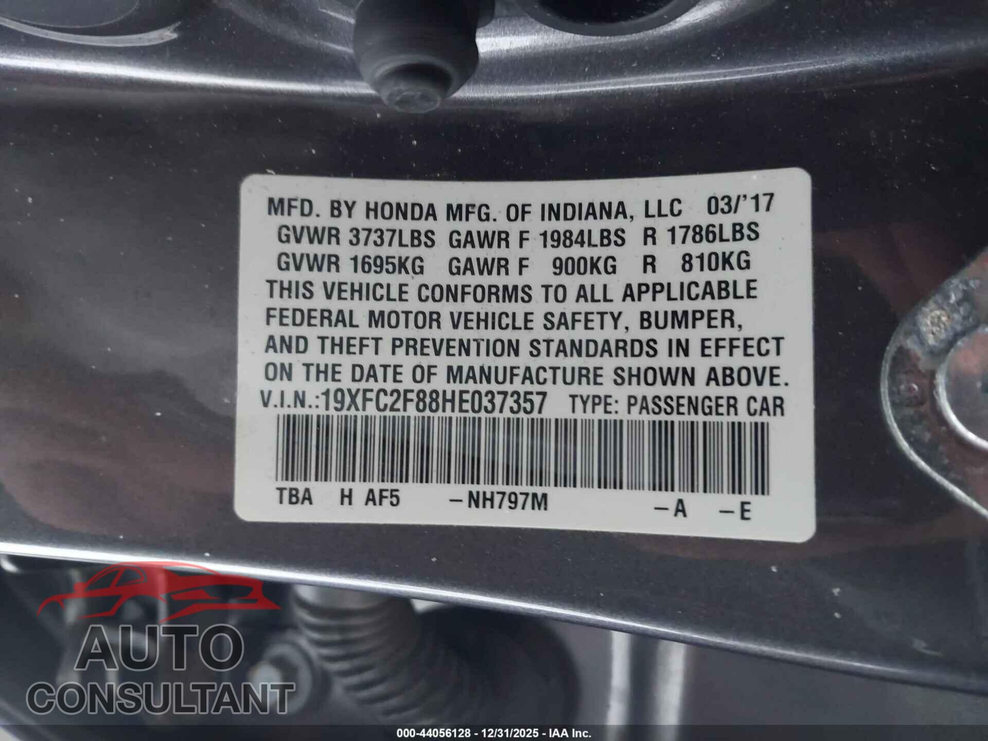 HONDA CIVIC 2017 - 19XFC2F88HE037357