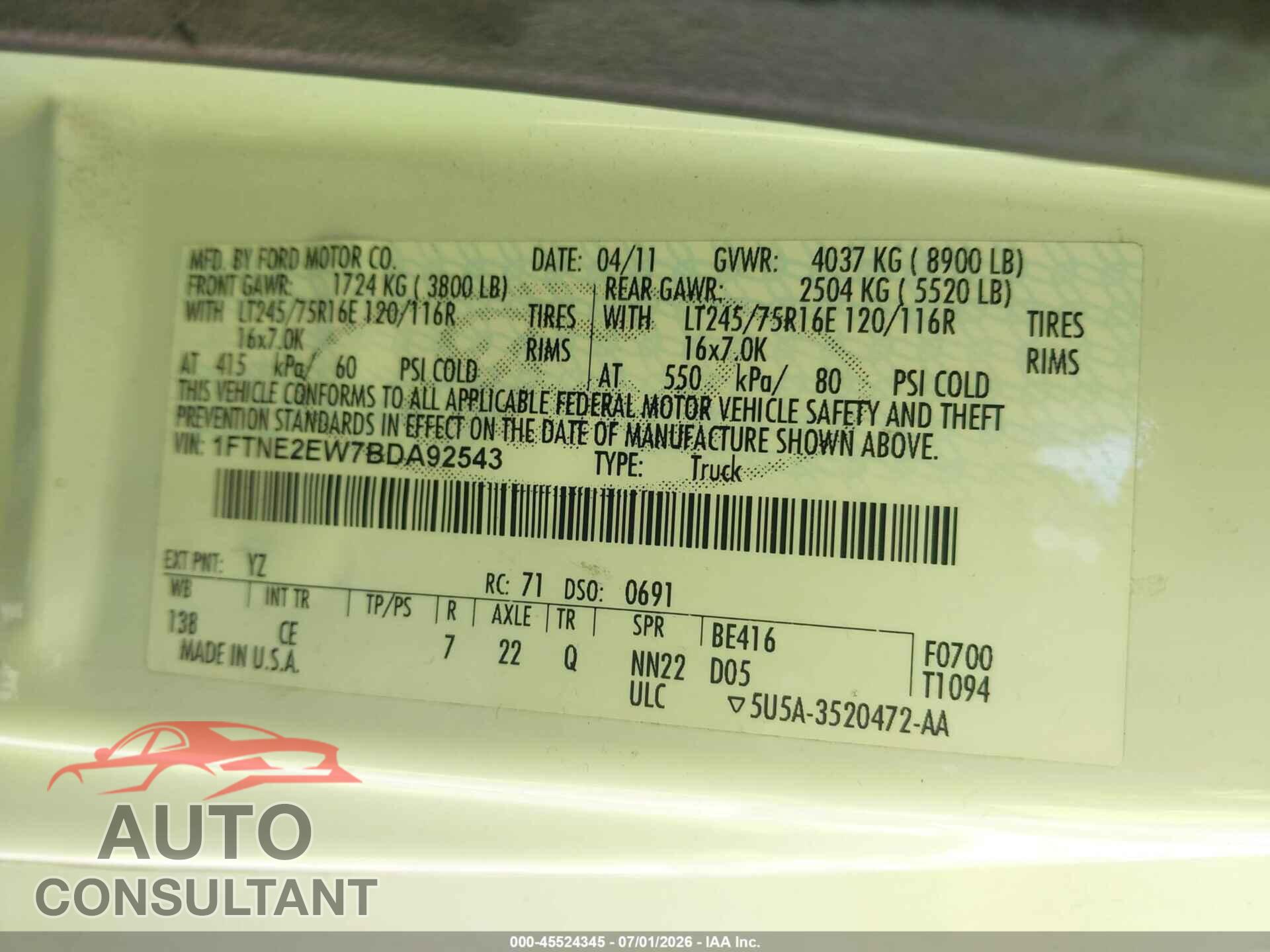 FORD E-250 2011 - 1FTNE2EW7BDA92543