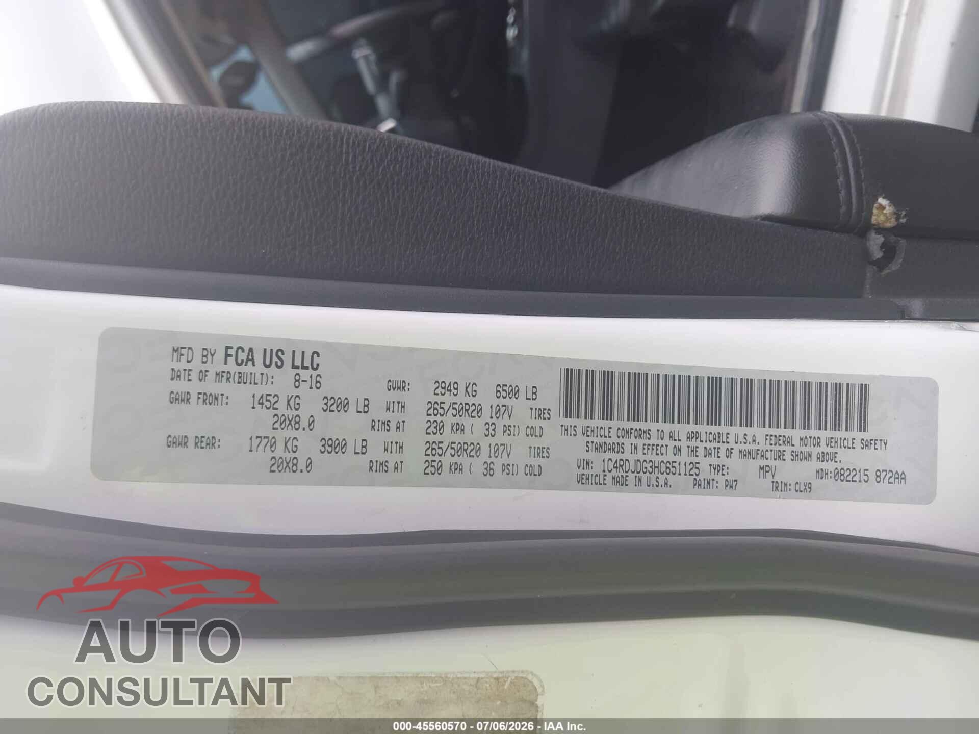 DODGE DURANGO 2017 - 1C4RDJDG3HC651125