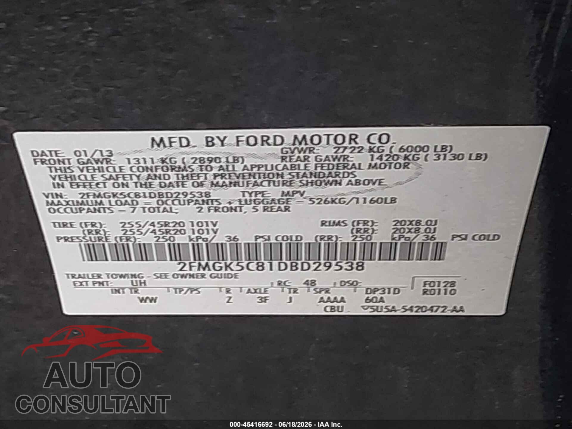 FORD FLEX 2013 - 2FMGK5C81DBD29538