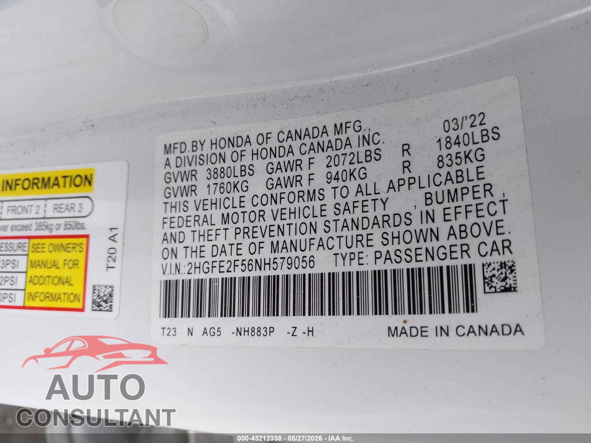 HONDA CIVIC 2022 - 2HGFE2F56NH579056
