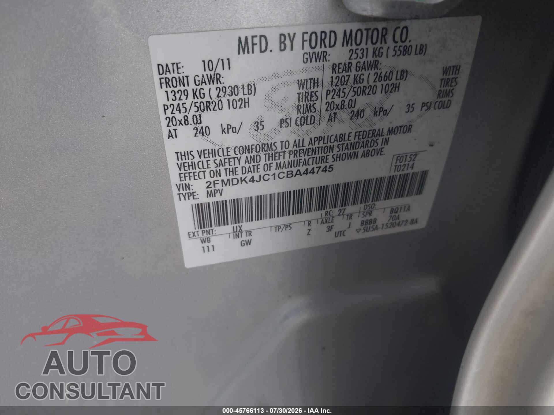 FORD EDGE 2012 - 2FMDK4JC1CBA44745