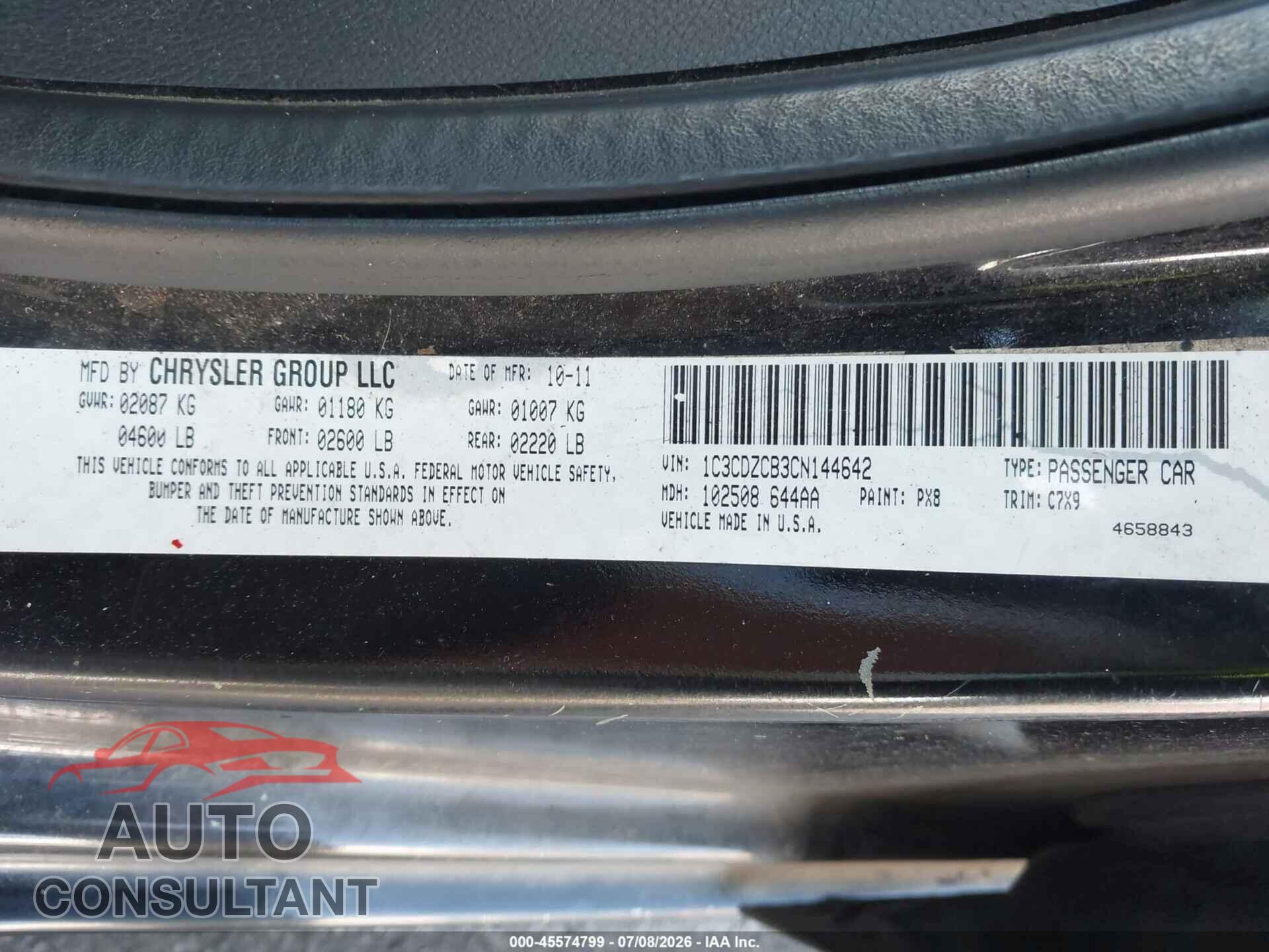 DODGE AVENGER 2012 - 1C3CDZCB3CN144642