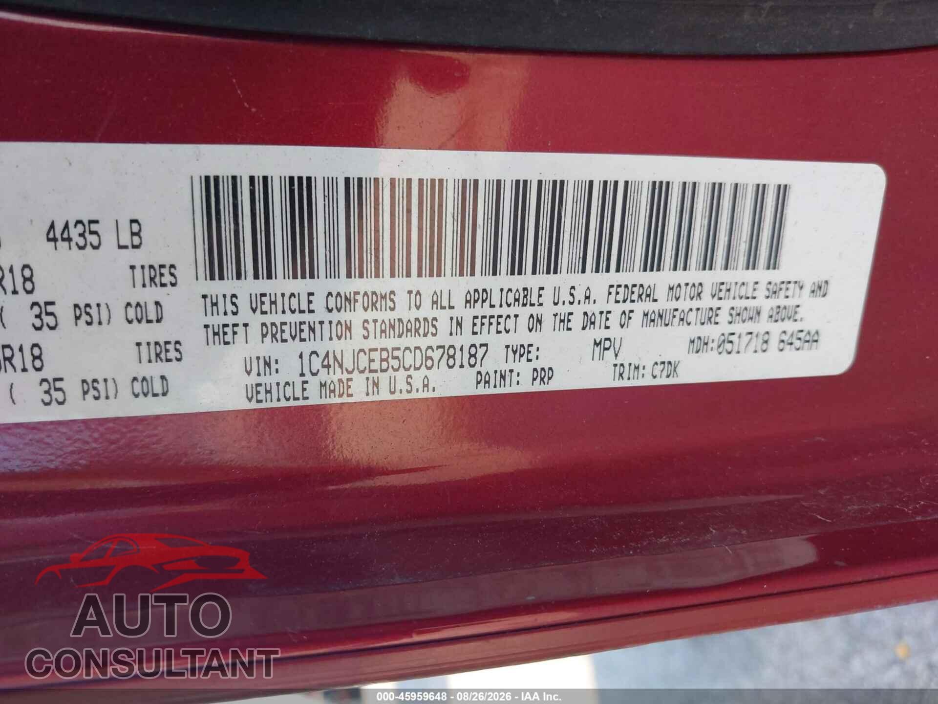 JEEP COMPASS 2012 - 1C4NJCEB5CD678187