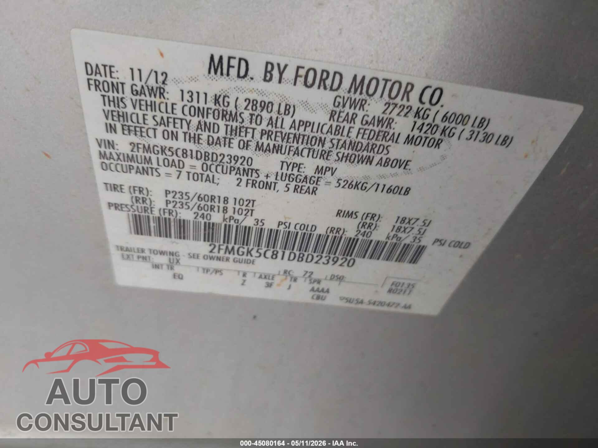 FORD FLEX 2013 - 2FMGK5C81DBD23920
