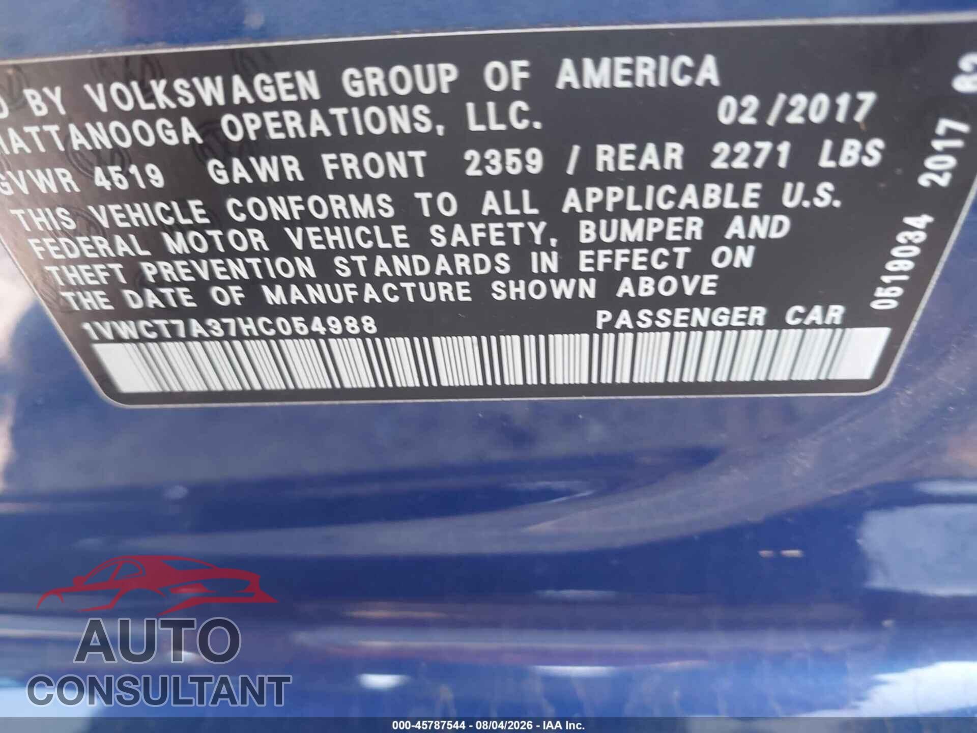 VOLKSWAGEN PASSAT 2017 - 1VWCT7A37HC054988
