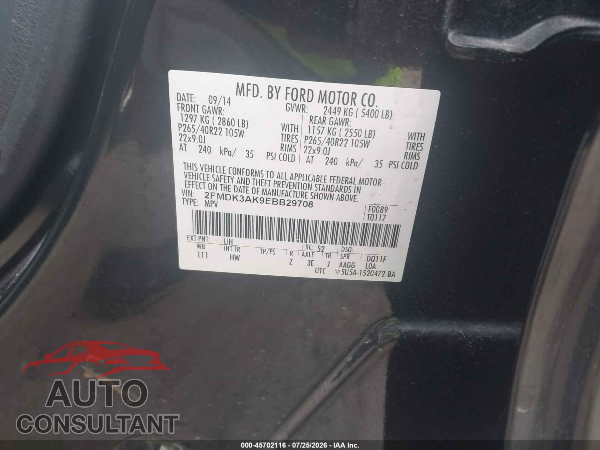 FORD EDGE 2014 - 2FMDK3AK9EBB29708