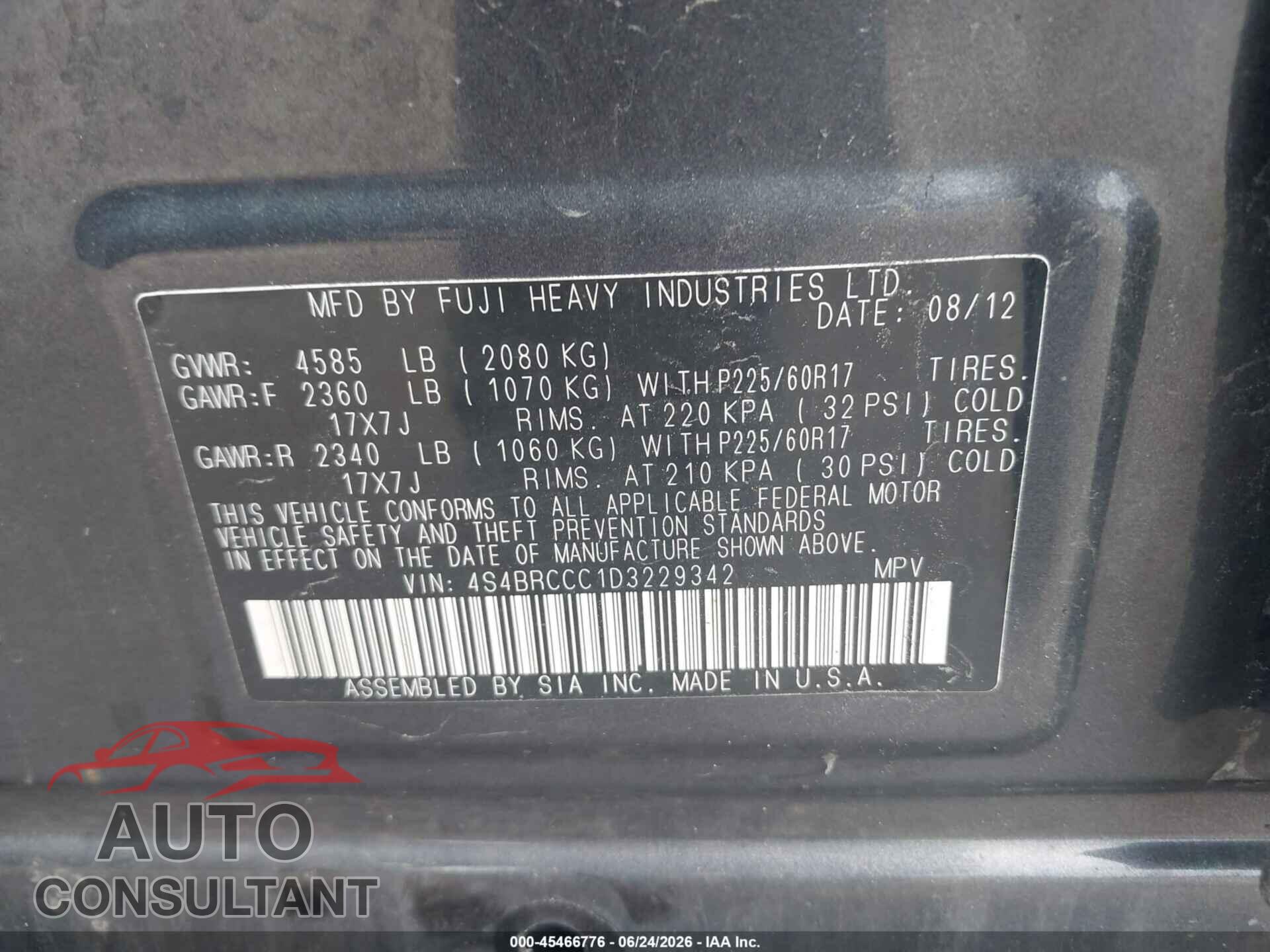SUBARU OUTBACK 2013 - 4S4BRCCC1D3229342