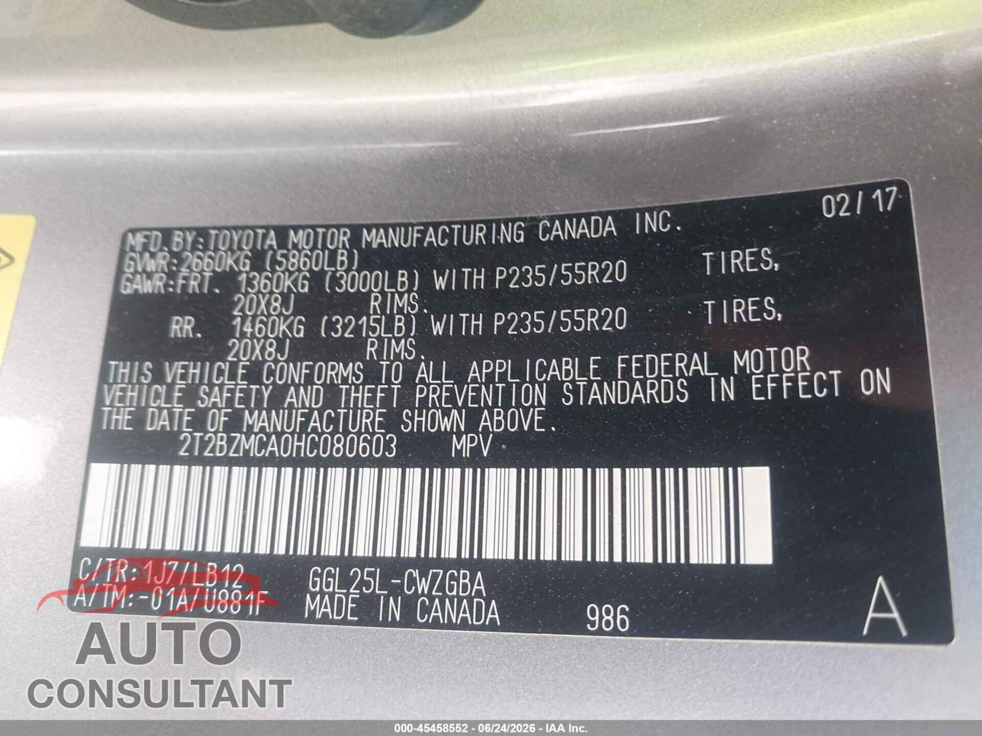 LEXUS RX 350 2017 - 2T2BZMCA0HC080603