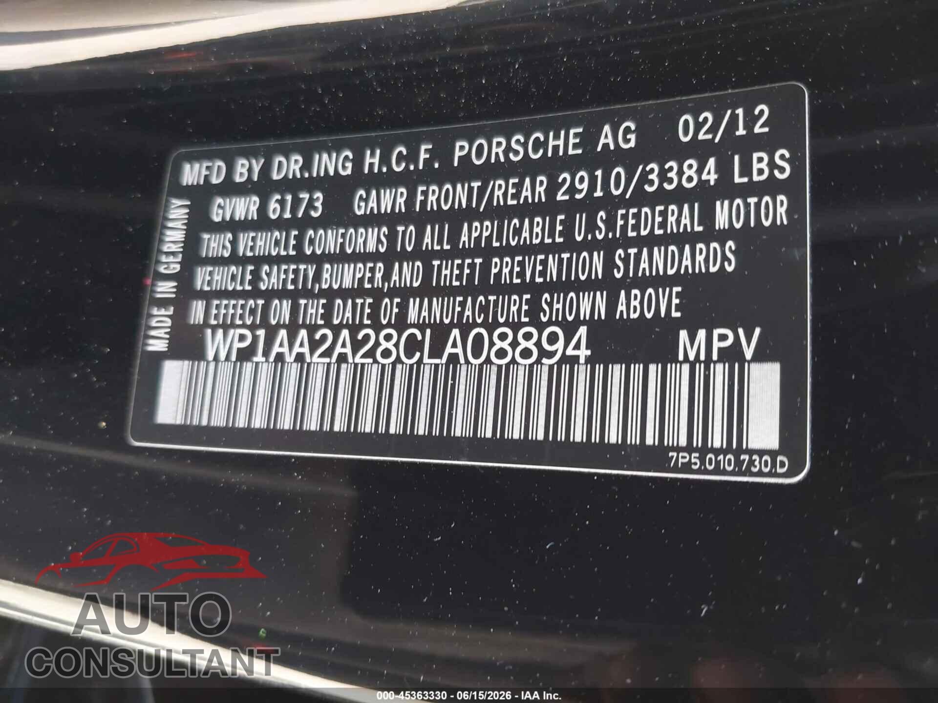 PORSCHE CAYENNE 2012 - WP1AA2A28CLA08894