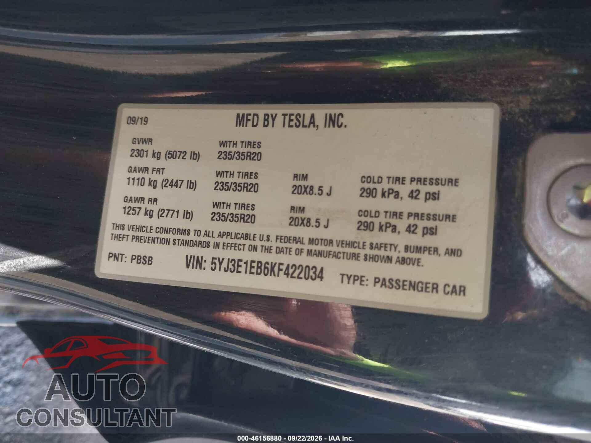 TESLA MODEL 3 2019 - 5YJ3E1EB6KF422034