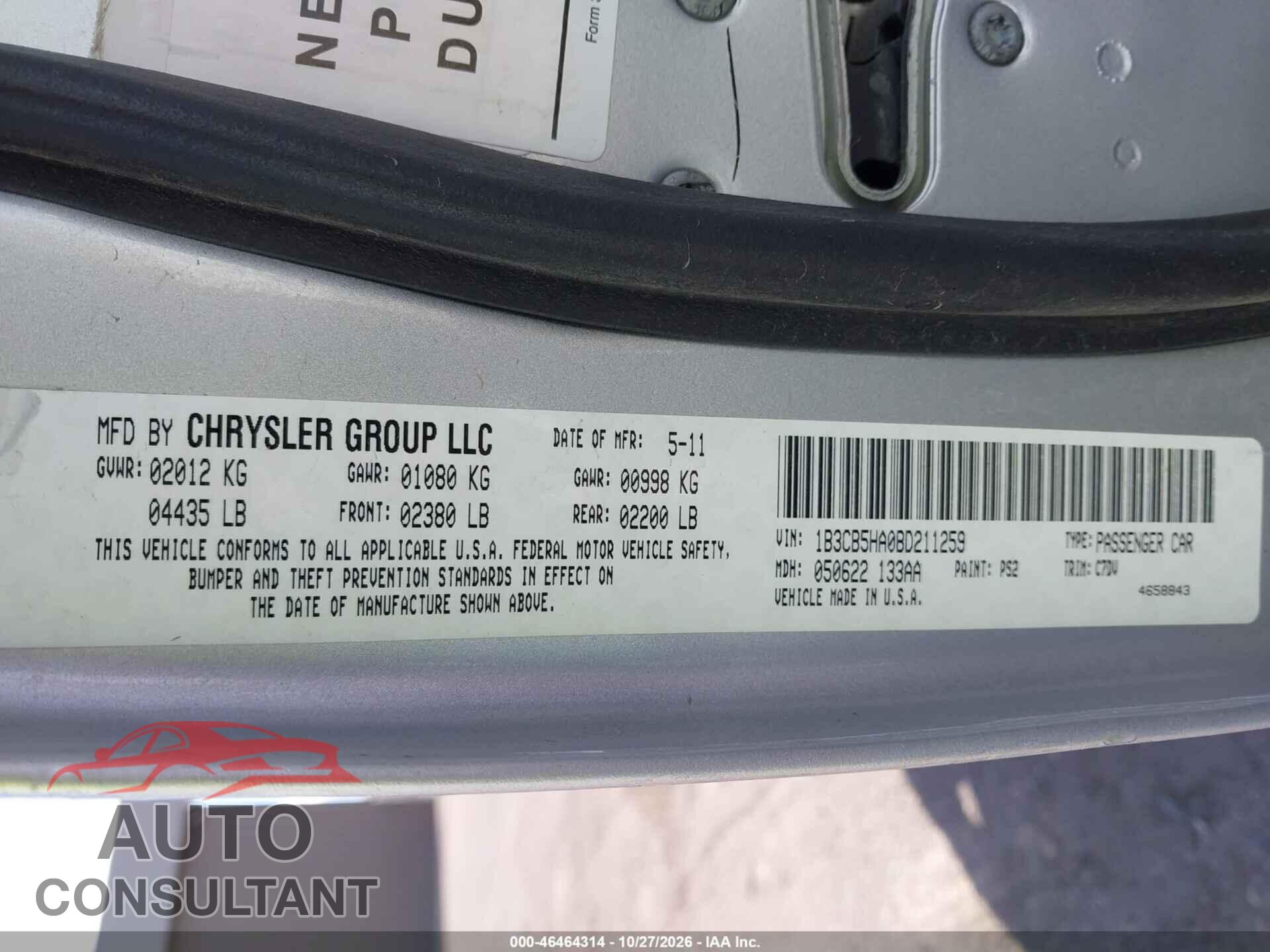 DODGE CALIBER 2011 - 1B3CB5HA0BD211259
