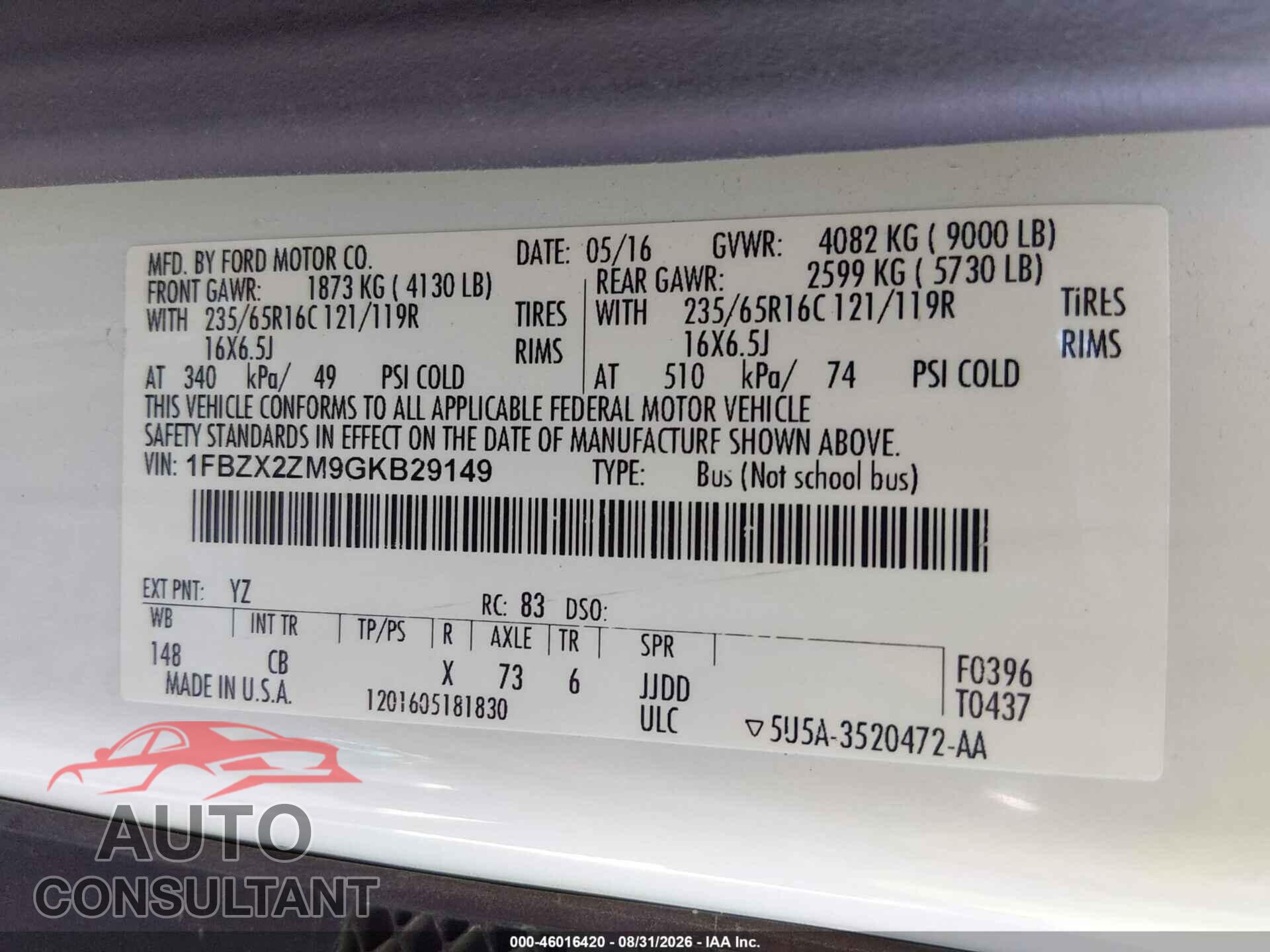 FORD TRANSIT-350 2016 - 1FBZX2ZM9GKB29149