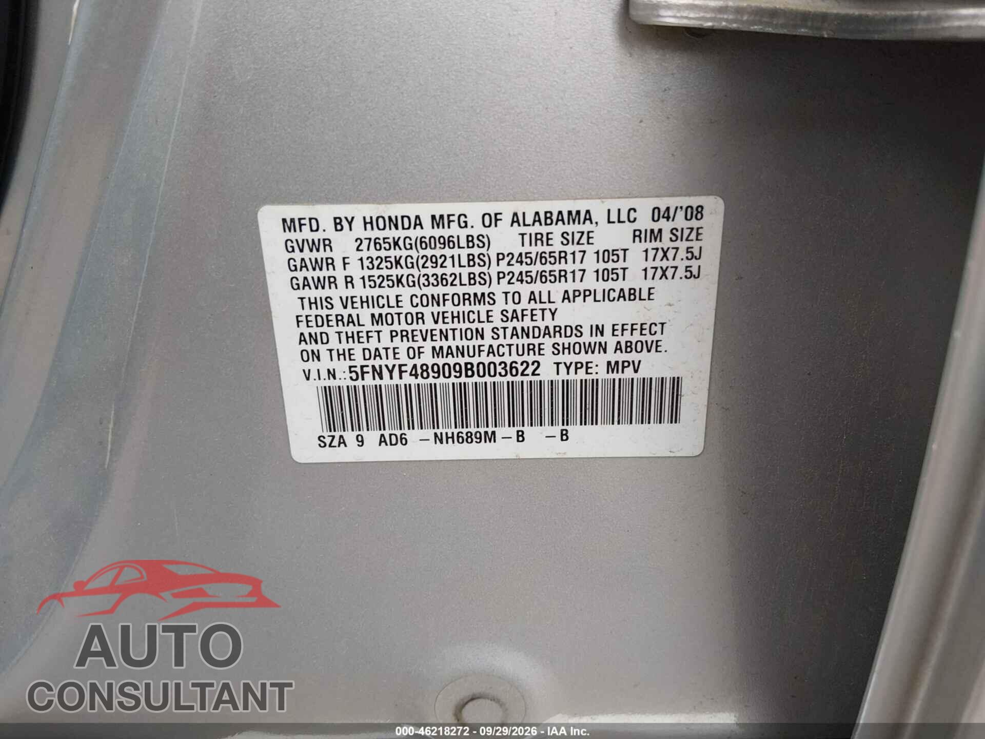 HONDA PILOT 2009 - 5FNYF48909B003622