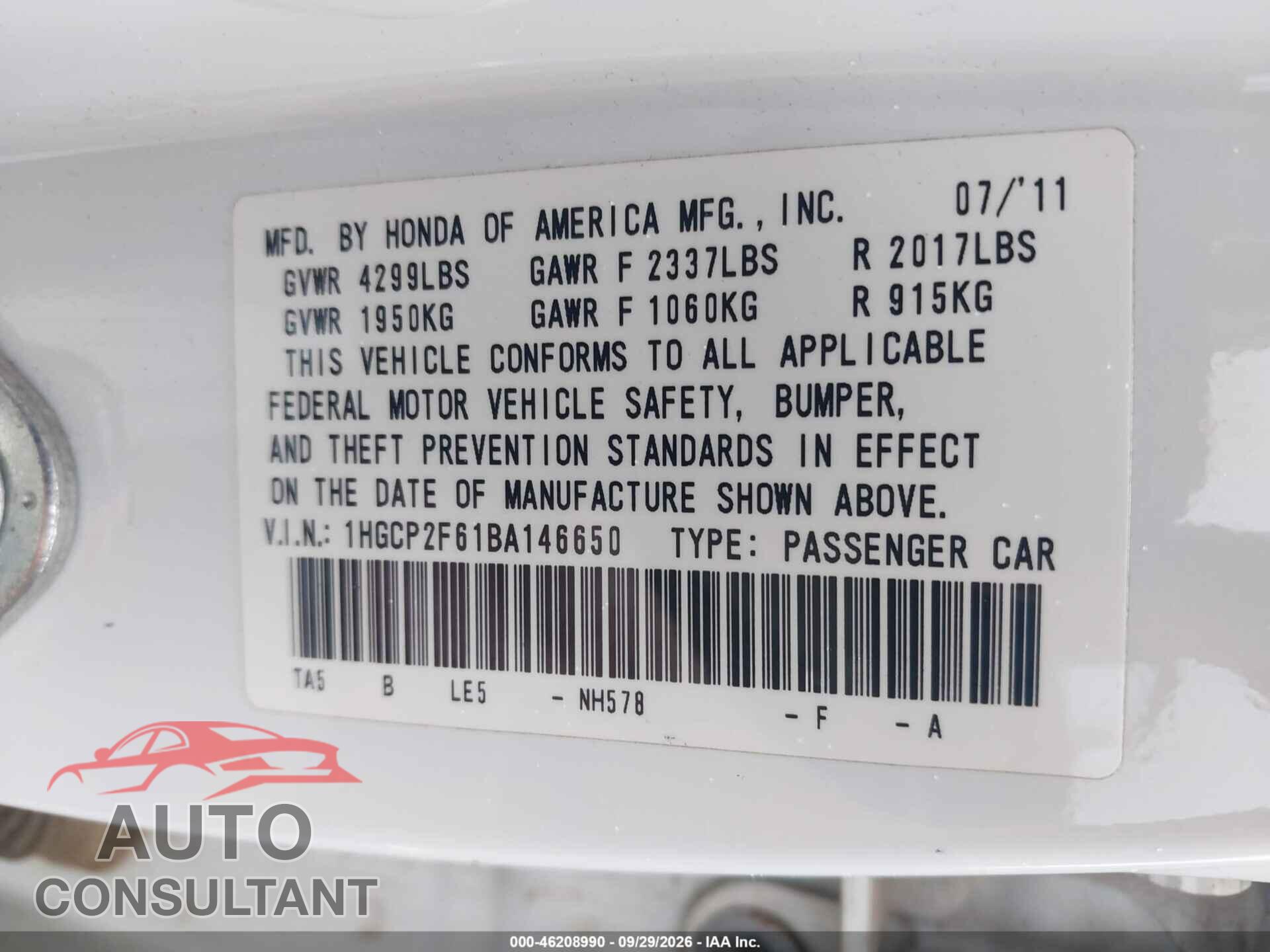 HONDA ACCORD 2011 - 1HGCP2F61BA146650