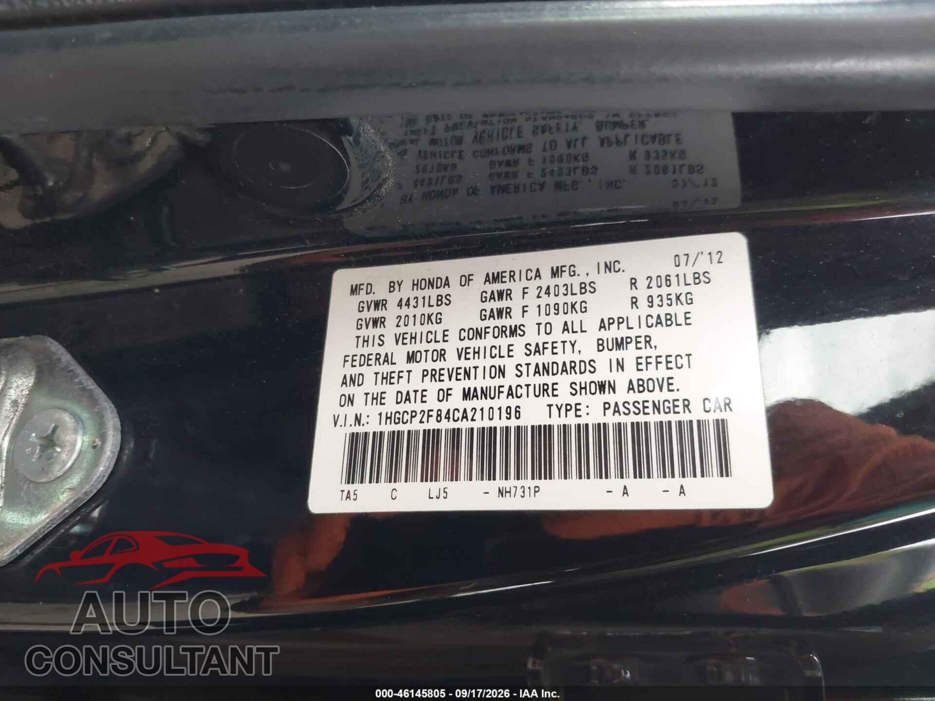HONDA ACCORD 2012 - 1HGCP2F84CA210196