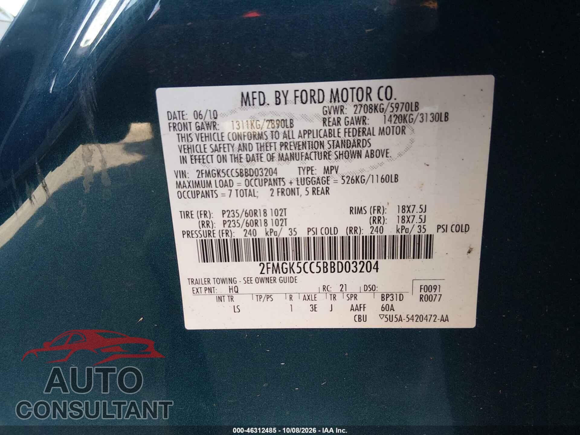 FORD FLEX 2011 - 2FMGK5CC5BBD03204