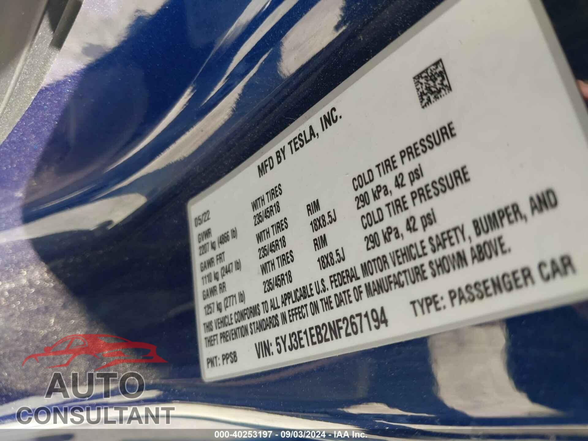 TESLA MODEL 3 2022 - 5YJ3E1EB2NF267194