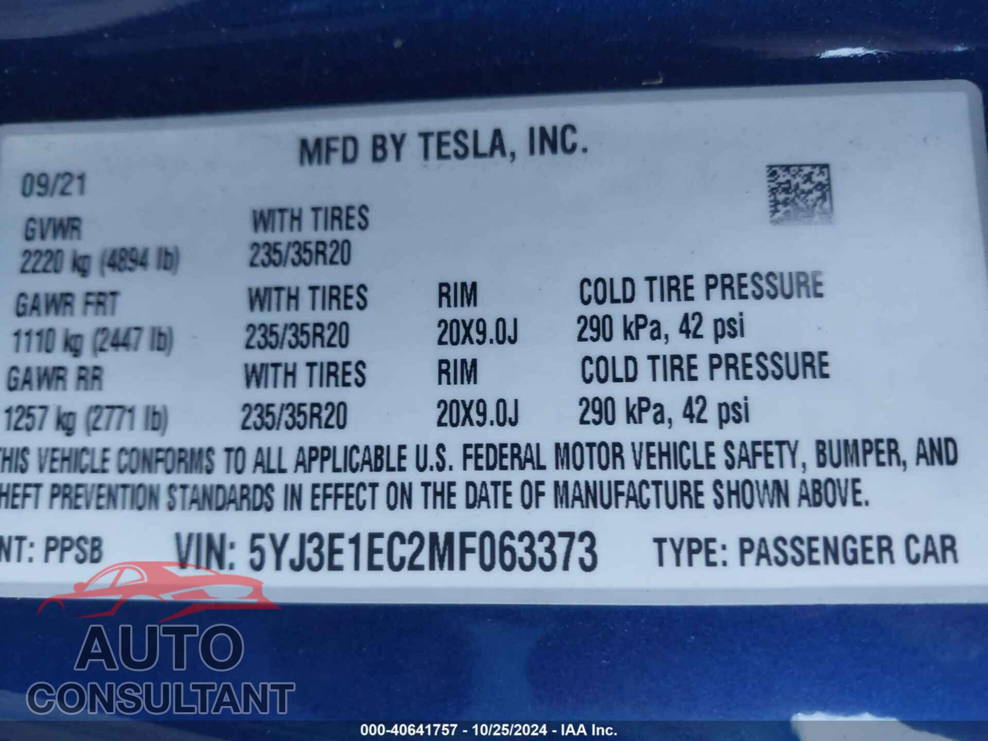TESLA MODEL 3 2021 - 5YJ3E1EC2MF063373